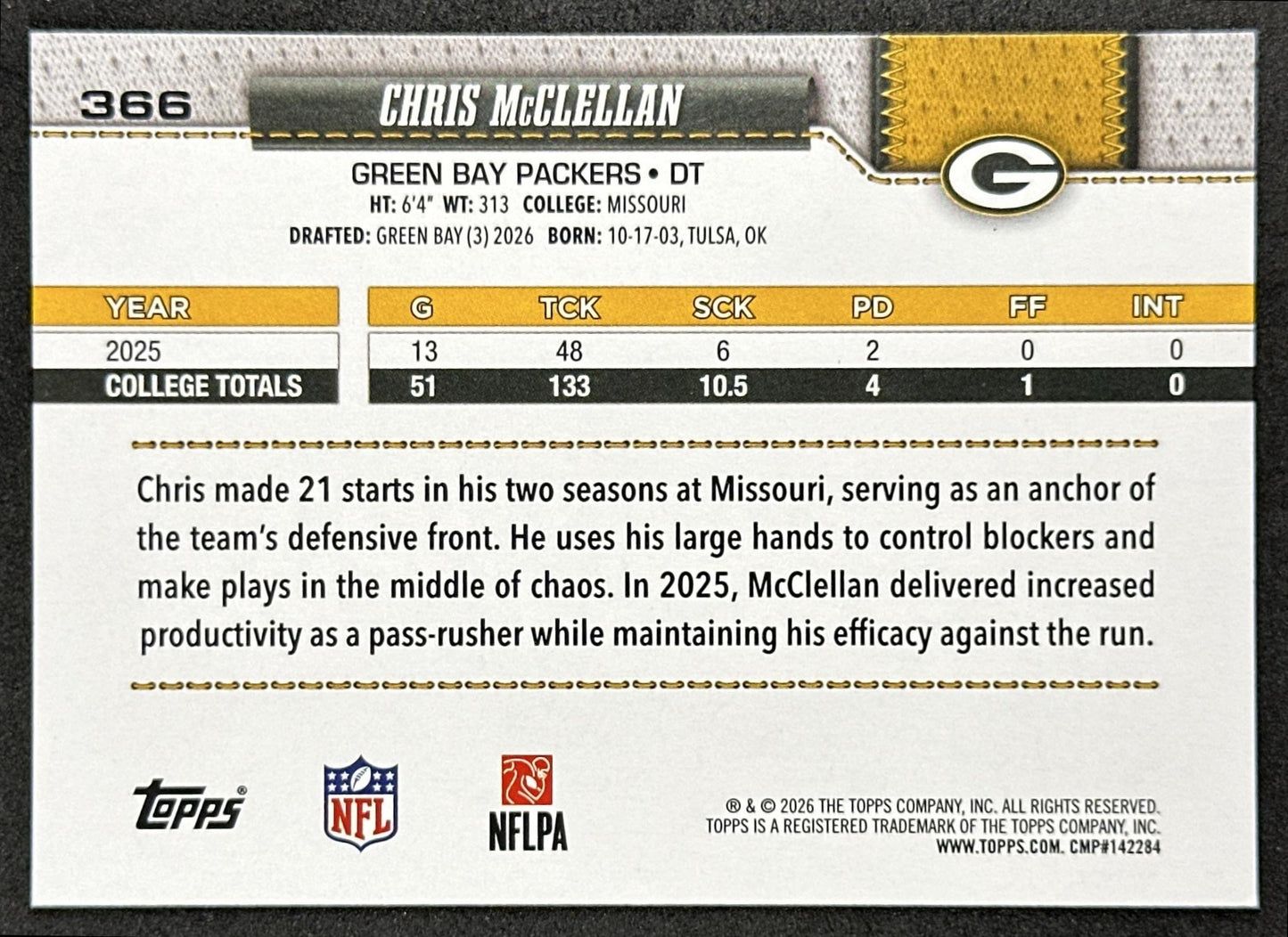 Chris McClellan 2026 Topps Flagship Rookie Packers Sports Trading Cards