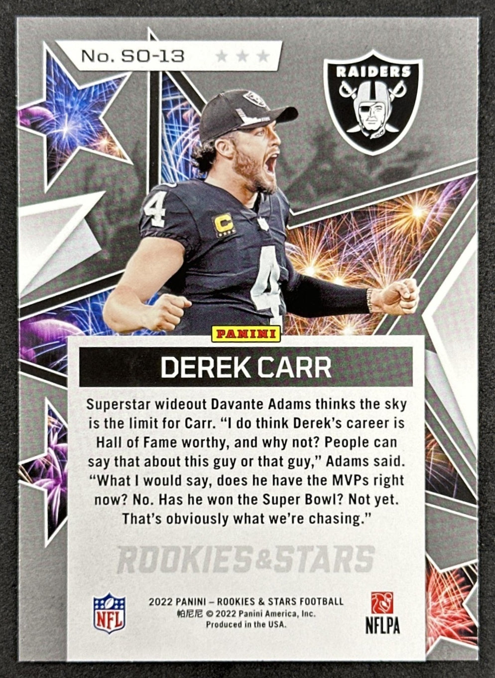 Derek Carr 2022 Panini Rookies & Stars Standing Ovation Raiders Back