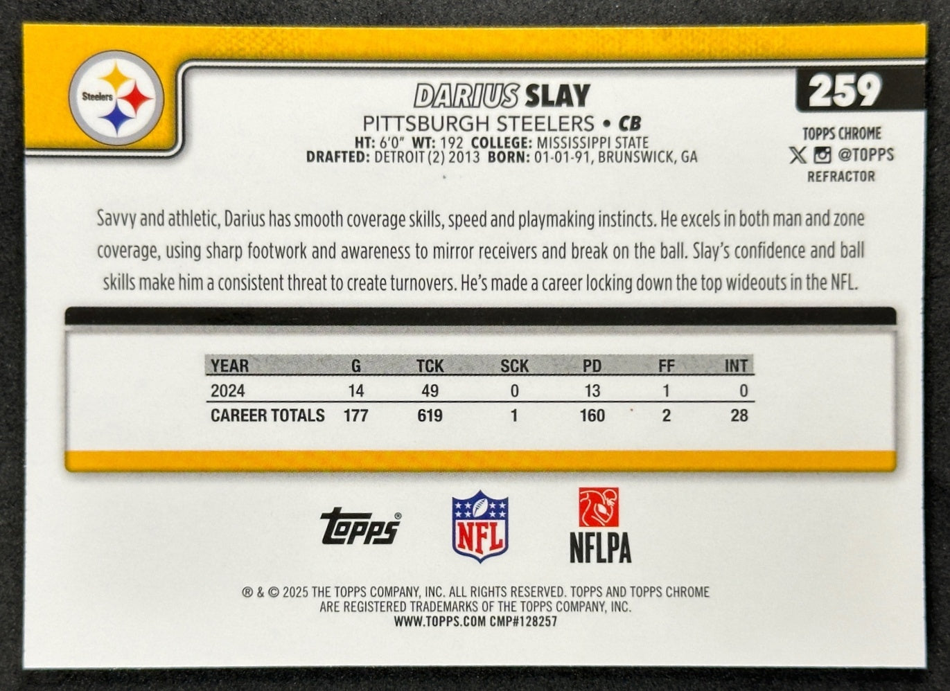 Darius Slay 2025 Topps Chrome Refractor Steelers Sports Trading Card