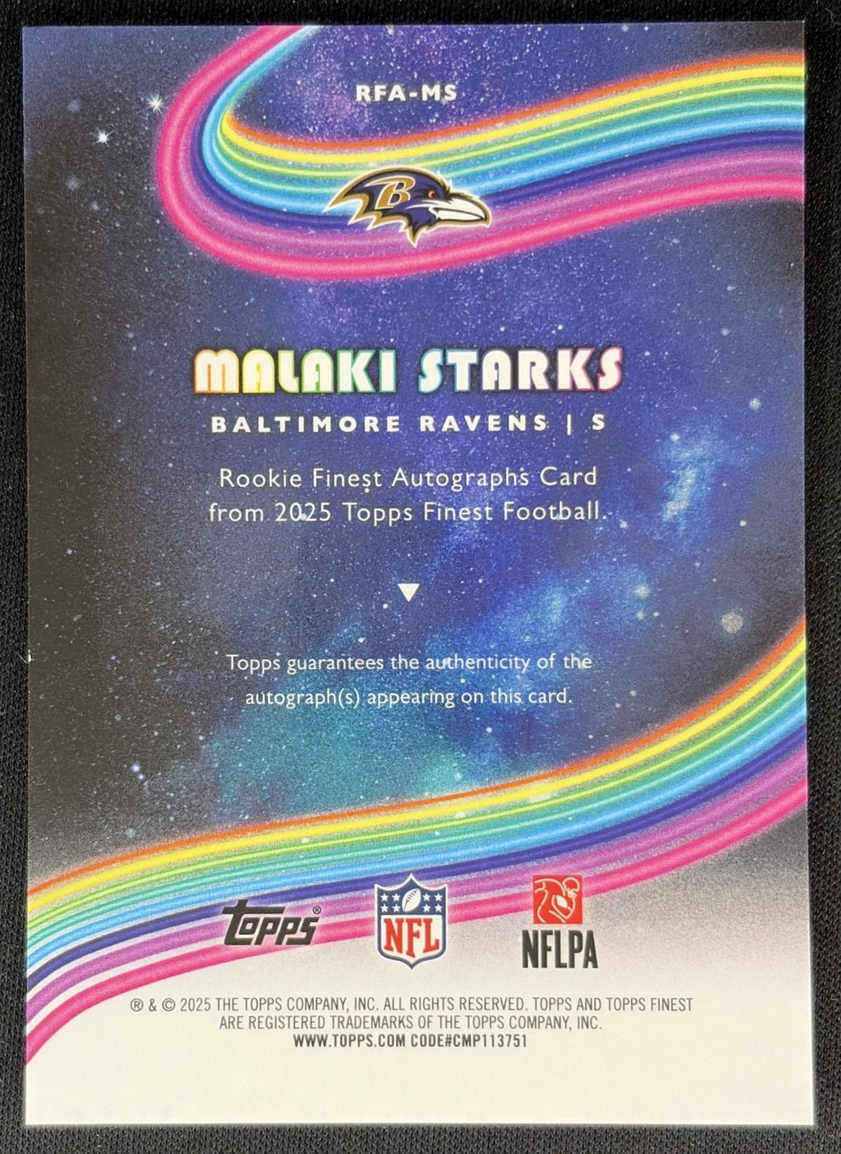 Malaki Starks 2025 Topps Finest Rookie Auto Ravens 3 back