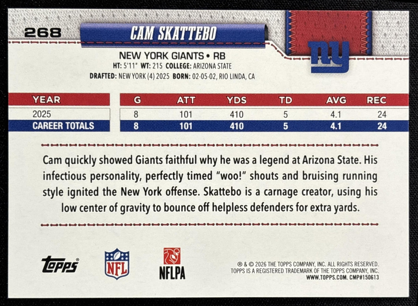 Cam Skattebo 2026 Topps Football Leather Foil Giants