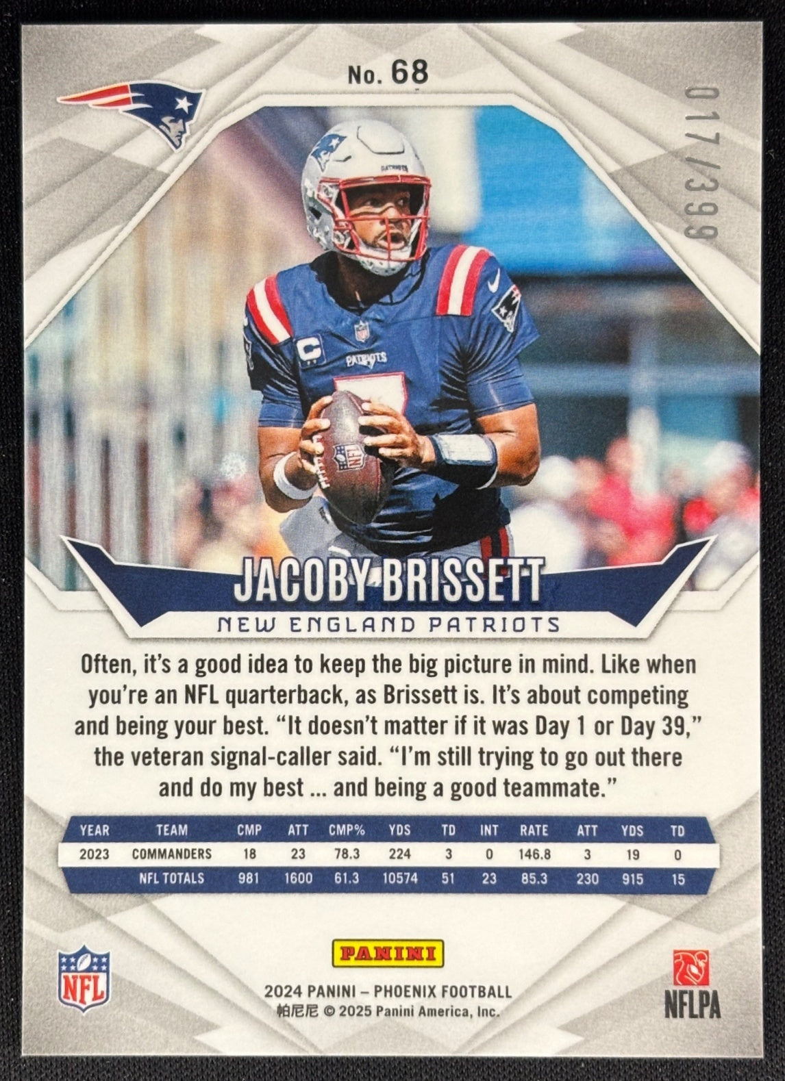 Jacoby Brissett 2024 Panini Phoenix /399 Patriots Sports Trading Cards