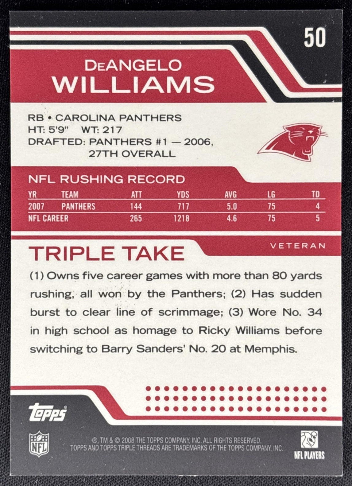 DeAngelo Williams 2008 Topps Triple Threads /779 Panthers back