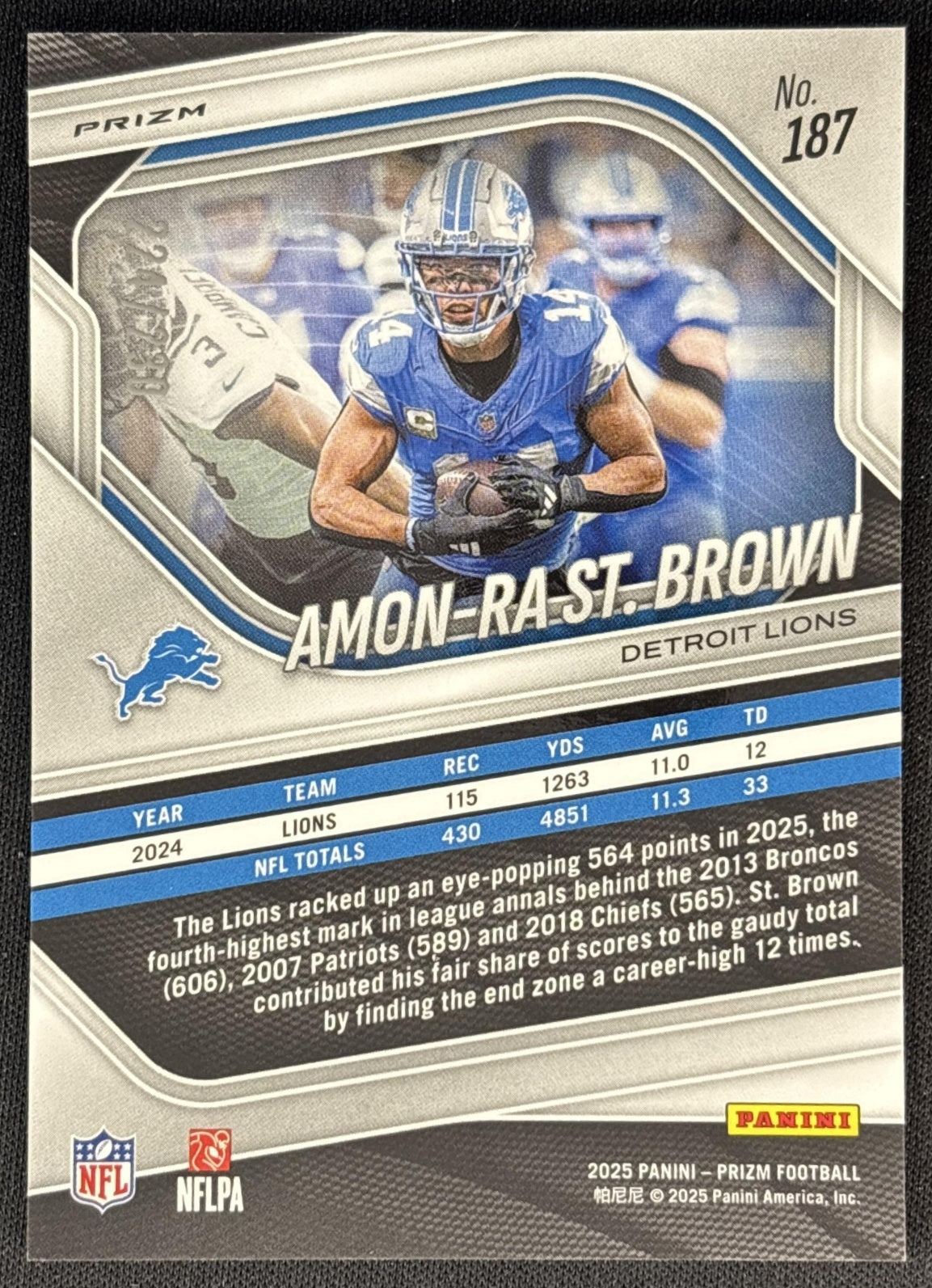 Amon-Ra St. Brown 2025 Panini Prizm Blue Wave /230 Lions back