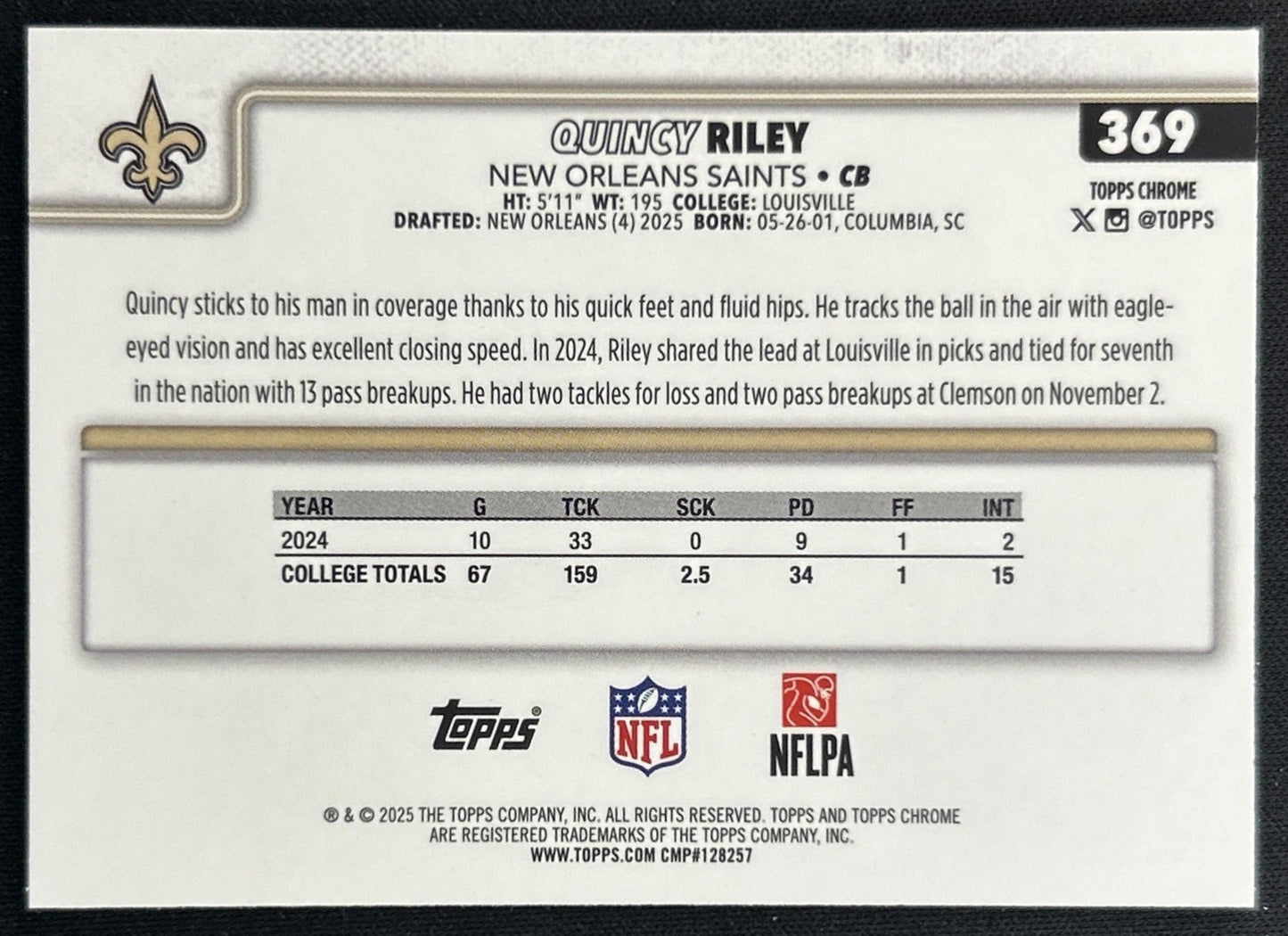 Quincy Riley 2025 Topps Chrome Rookie Blue Geometric Refractor /150 Saints back