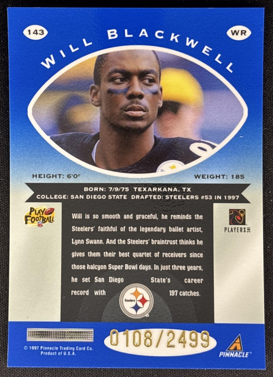 Will Blackwell 1997 Pinnacle Totally Certified Platinum Blue /2499 Buccaneers Back
