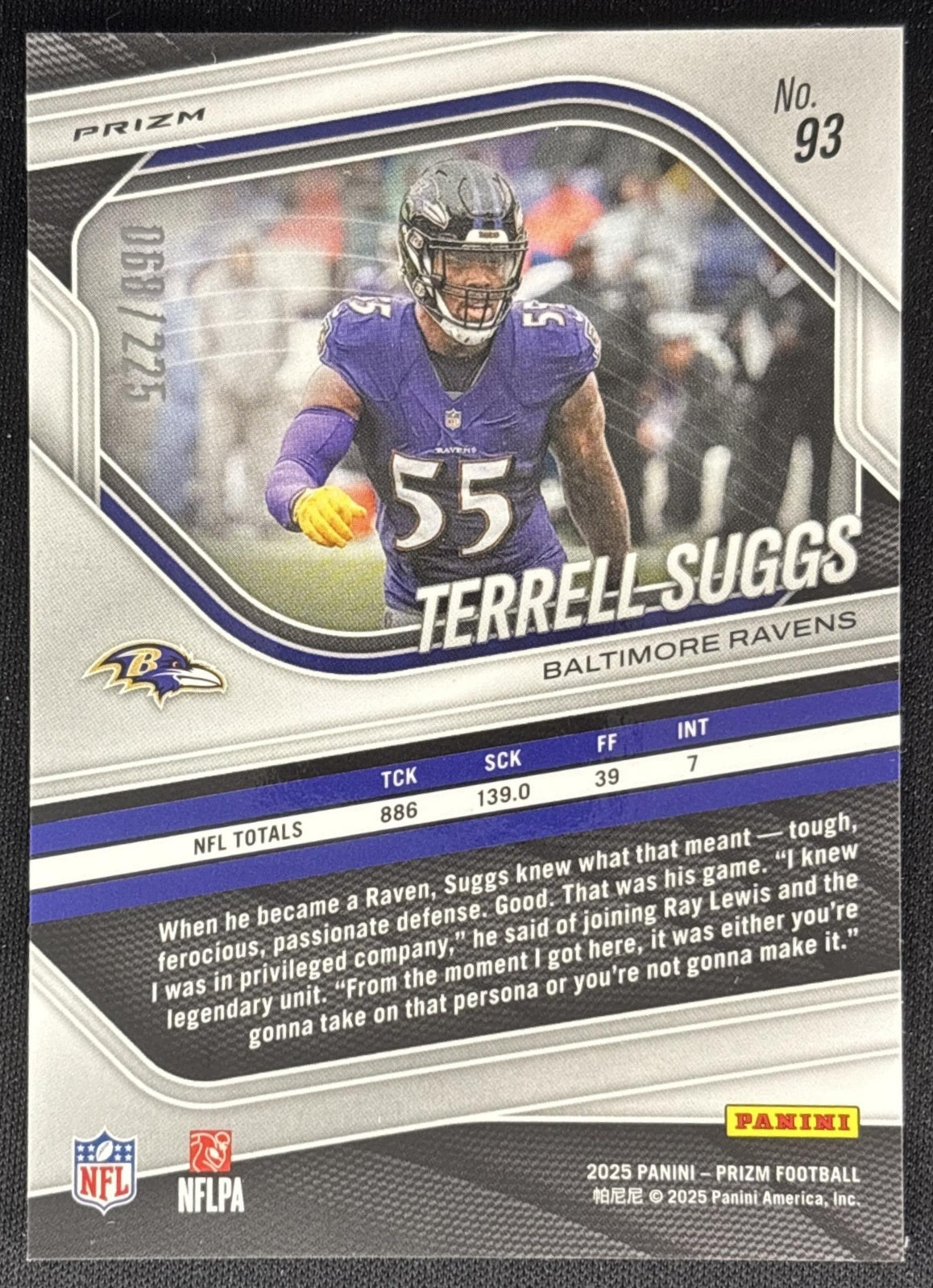 Terrell Suggs 2025 Panini Prizm Purple Ice /225 Ravens Sports Trading Cards