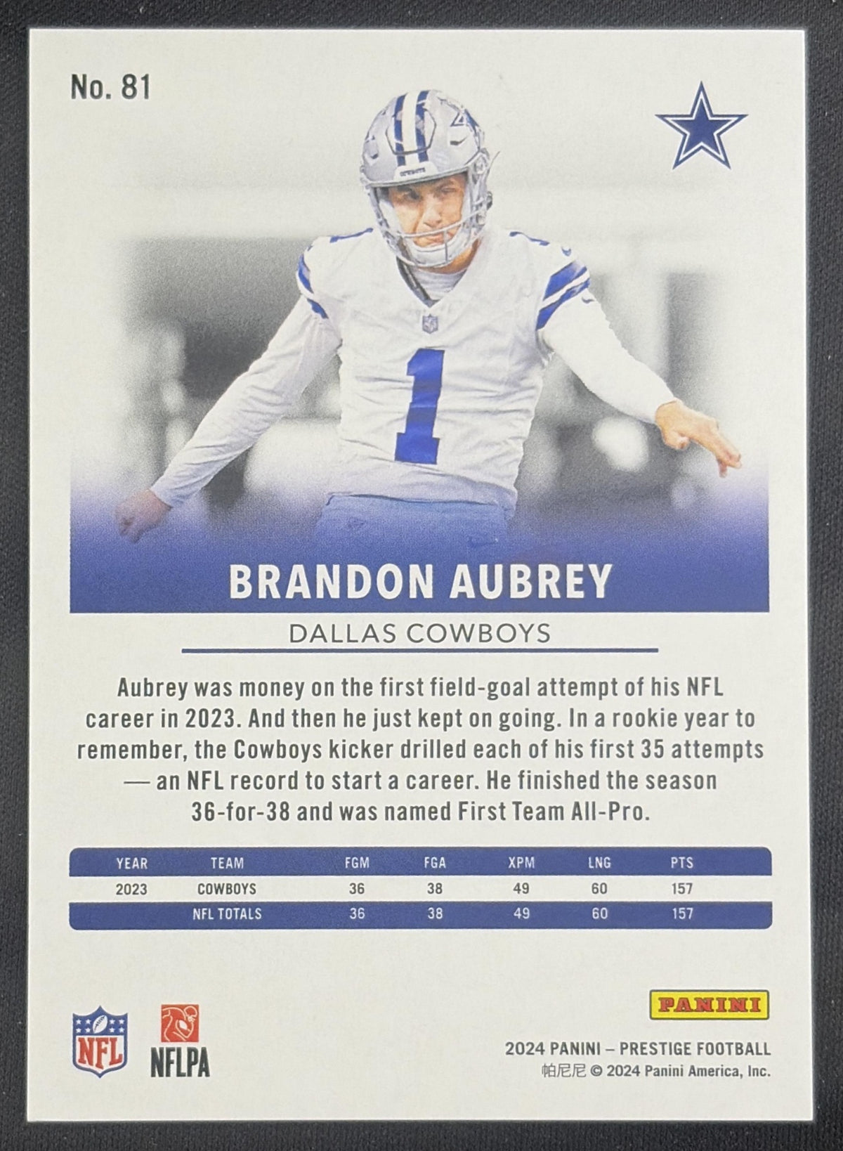 Brandon Aubrey 2024 Panini Prestige Blue Premium Xtra Points /299 Cowboys