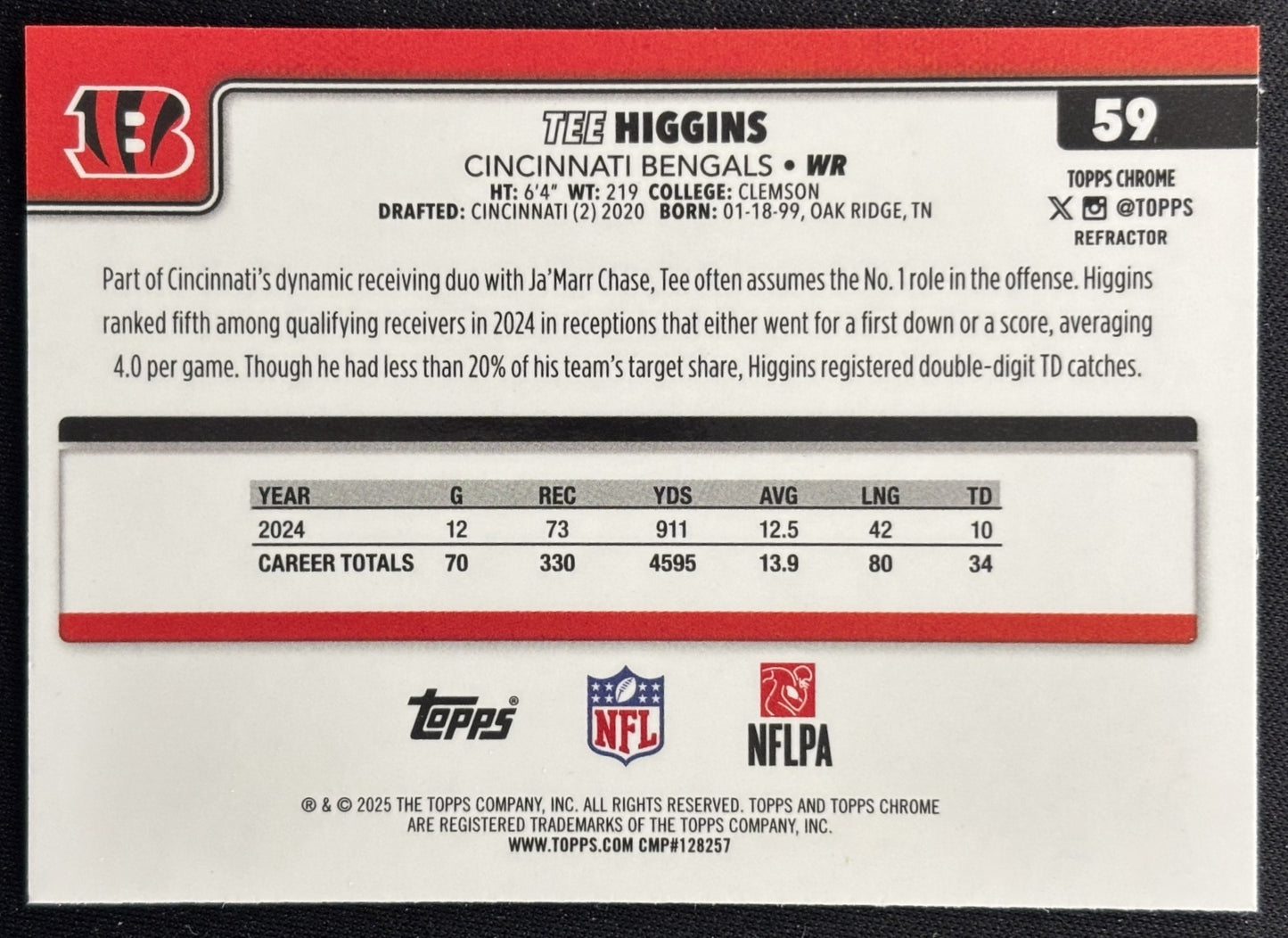 Tee Higgins 2025 Topps Chrome Refractor Bengals Sports Trading Cards