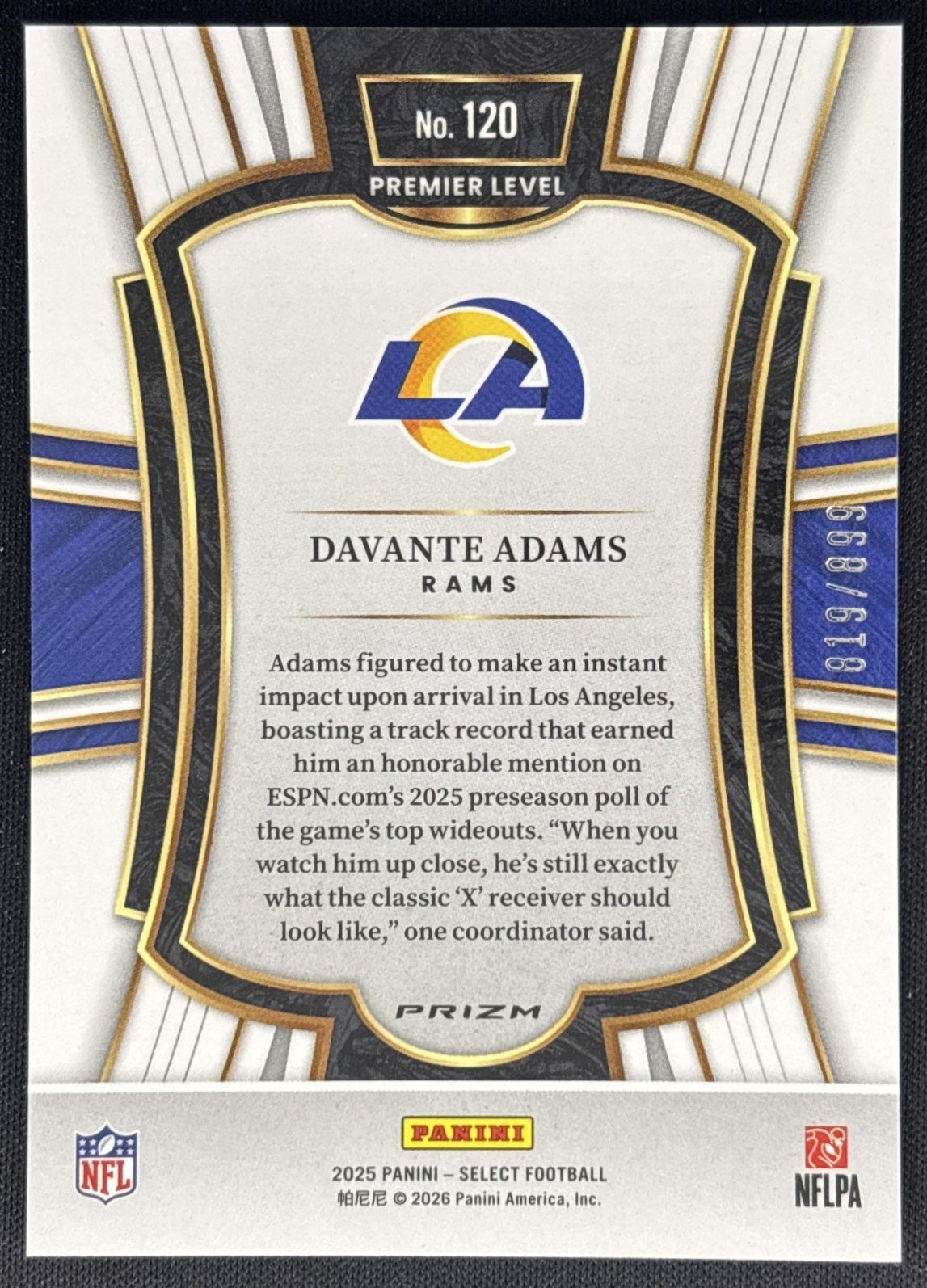 Davante Adams 2025 Panini Select Premier Level Copper Prizm Shock /899 Rams Sports Trading Cards