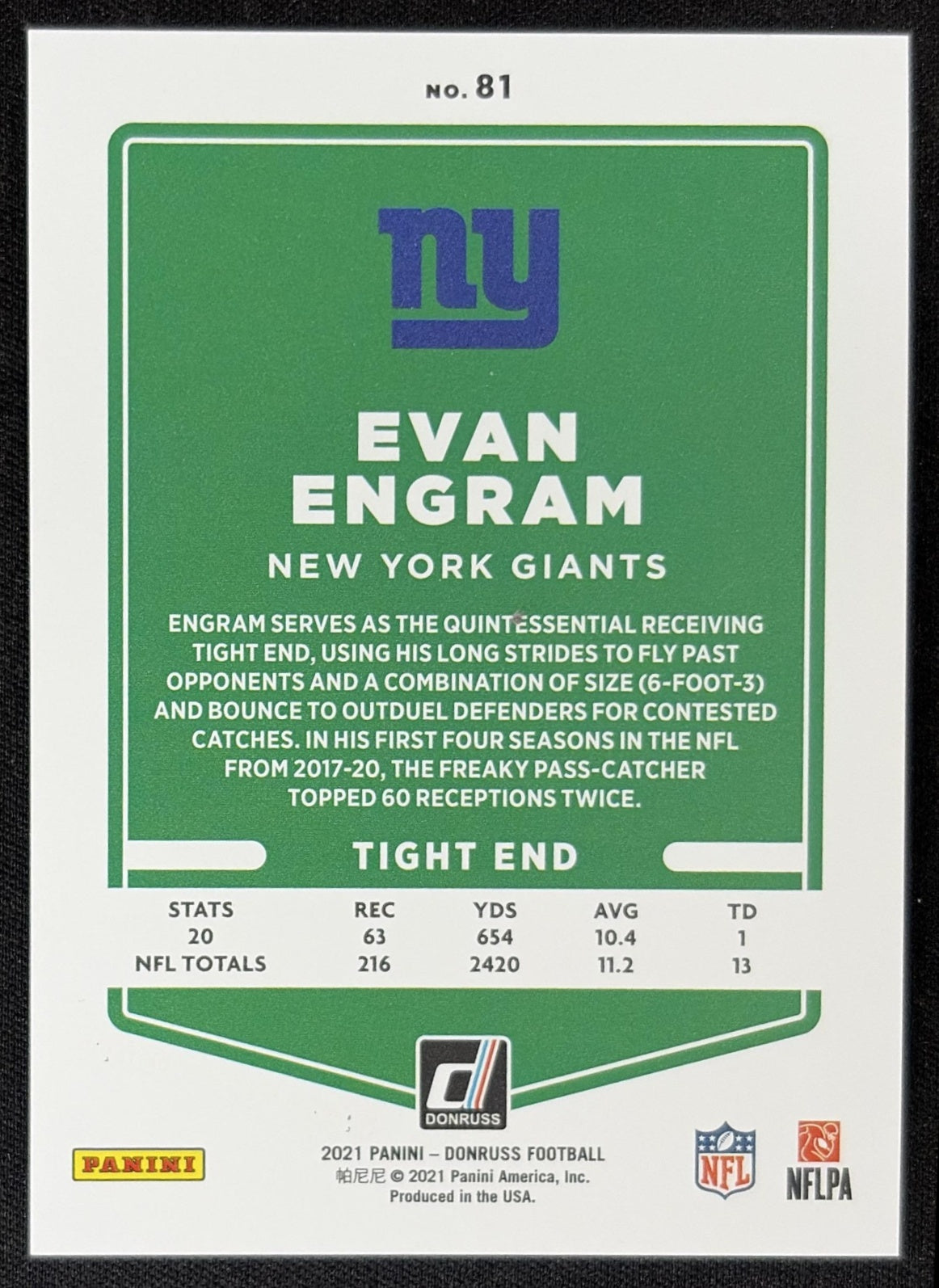Evan Engram 2021 Panini Donruss Press Proof Premium Giants Sports Trading Card