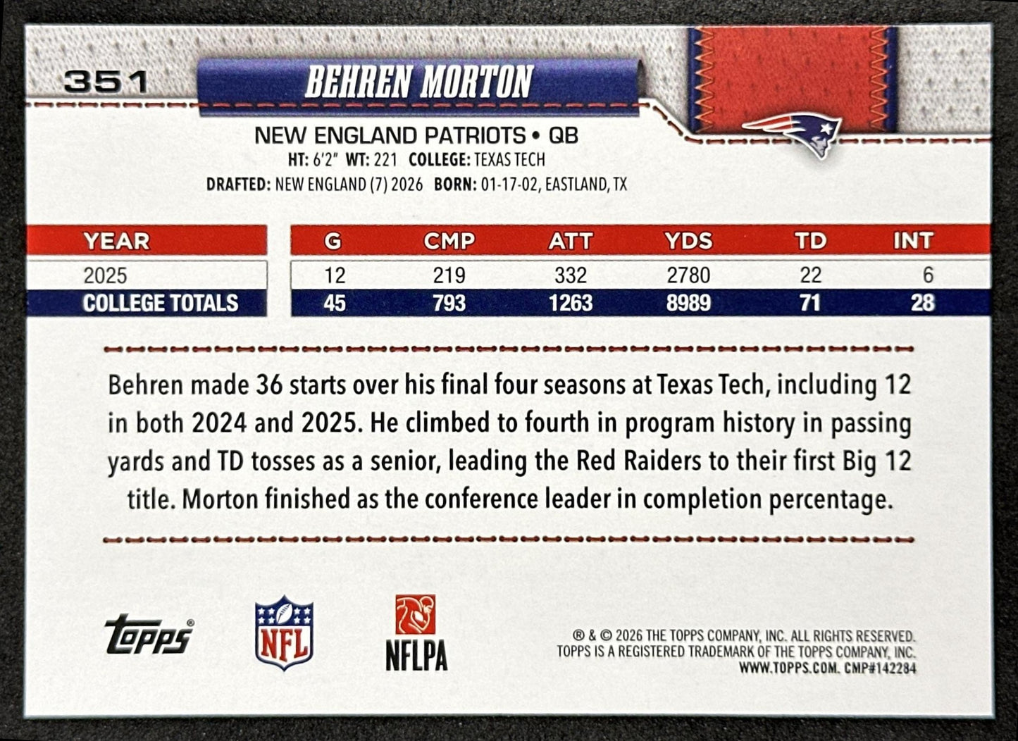 Behren Morton 2026 Topps Flagship Rookie Patriots Sports Trading Card