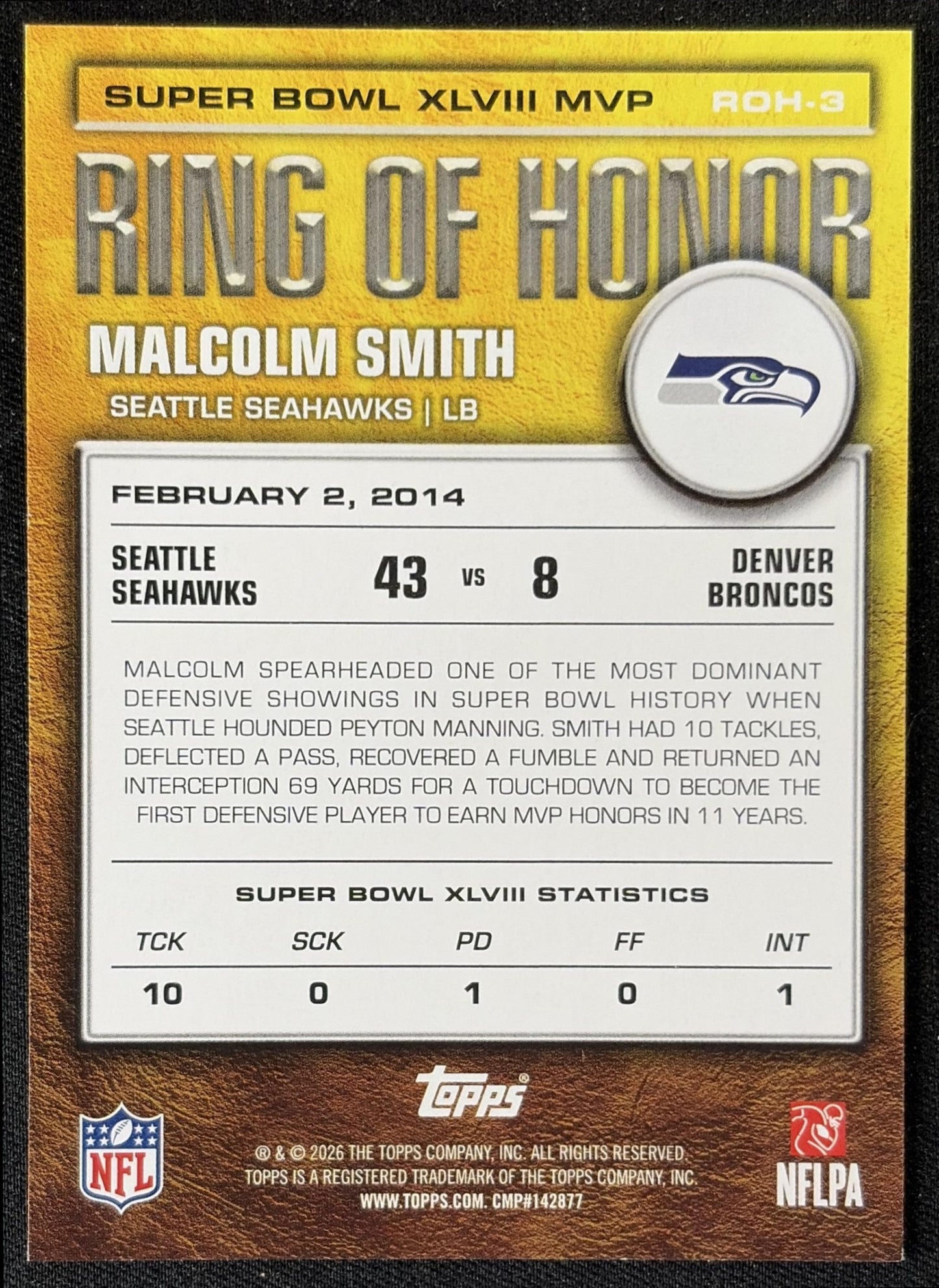 Malcolm Smith 2026 Topps Ring of Honor Seahawks back