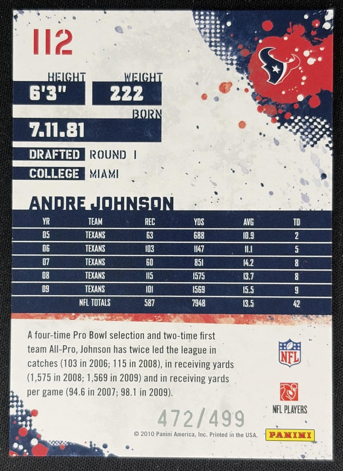 Andre Johnson 2010 Panini Score Scorecard /499 Texans Sports Trading Cards