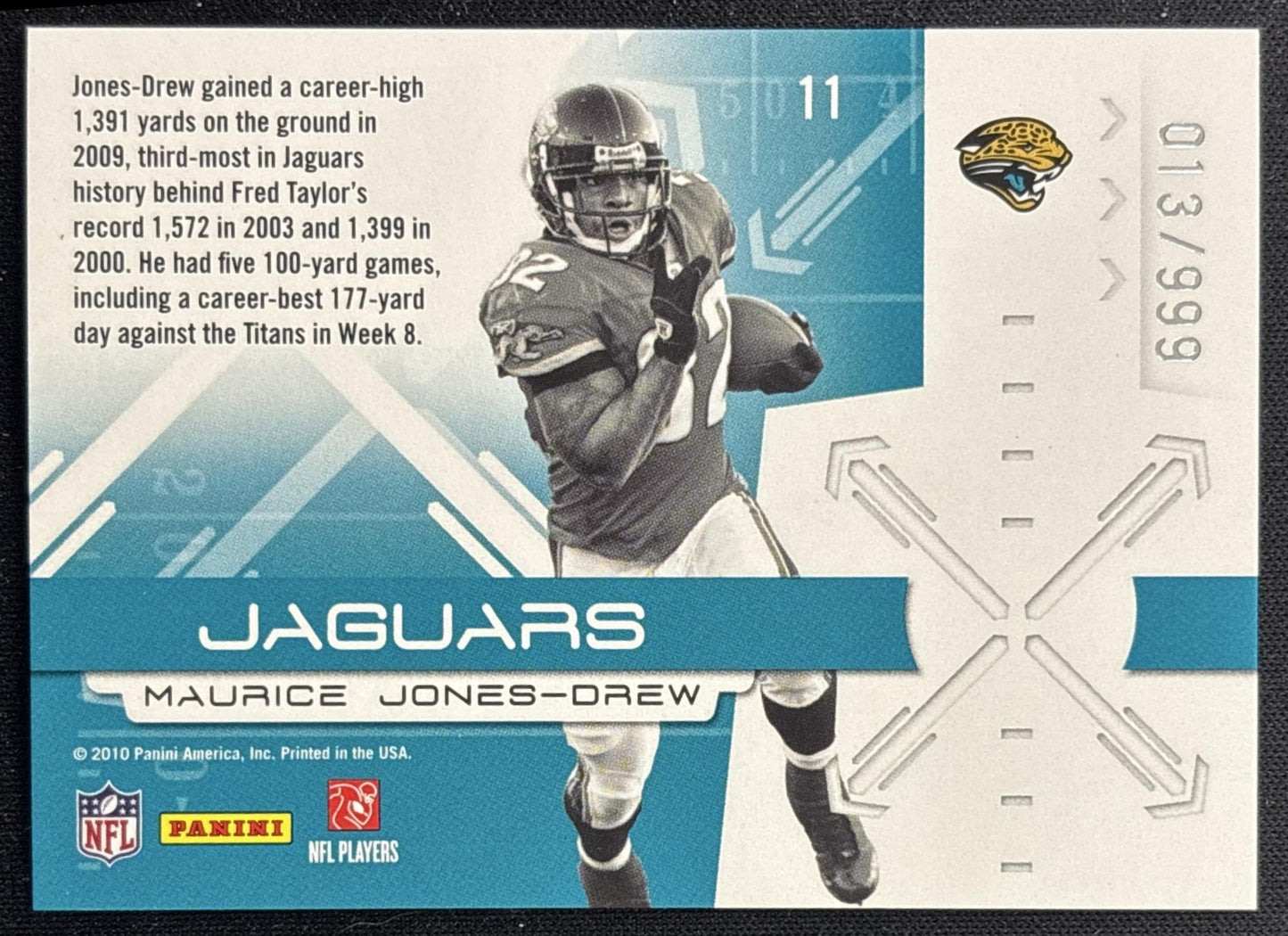 Maurice Jones-Drew 2010 Panini Donruss Elite Zoning Commission Gold /999 Jaguars back