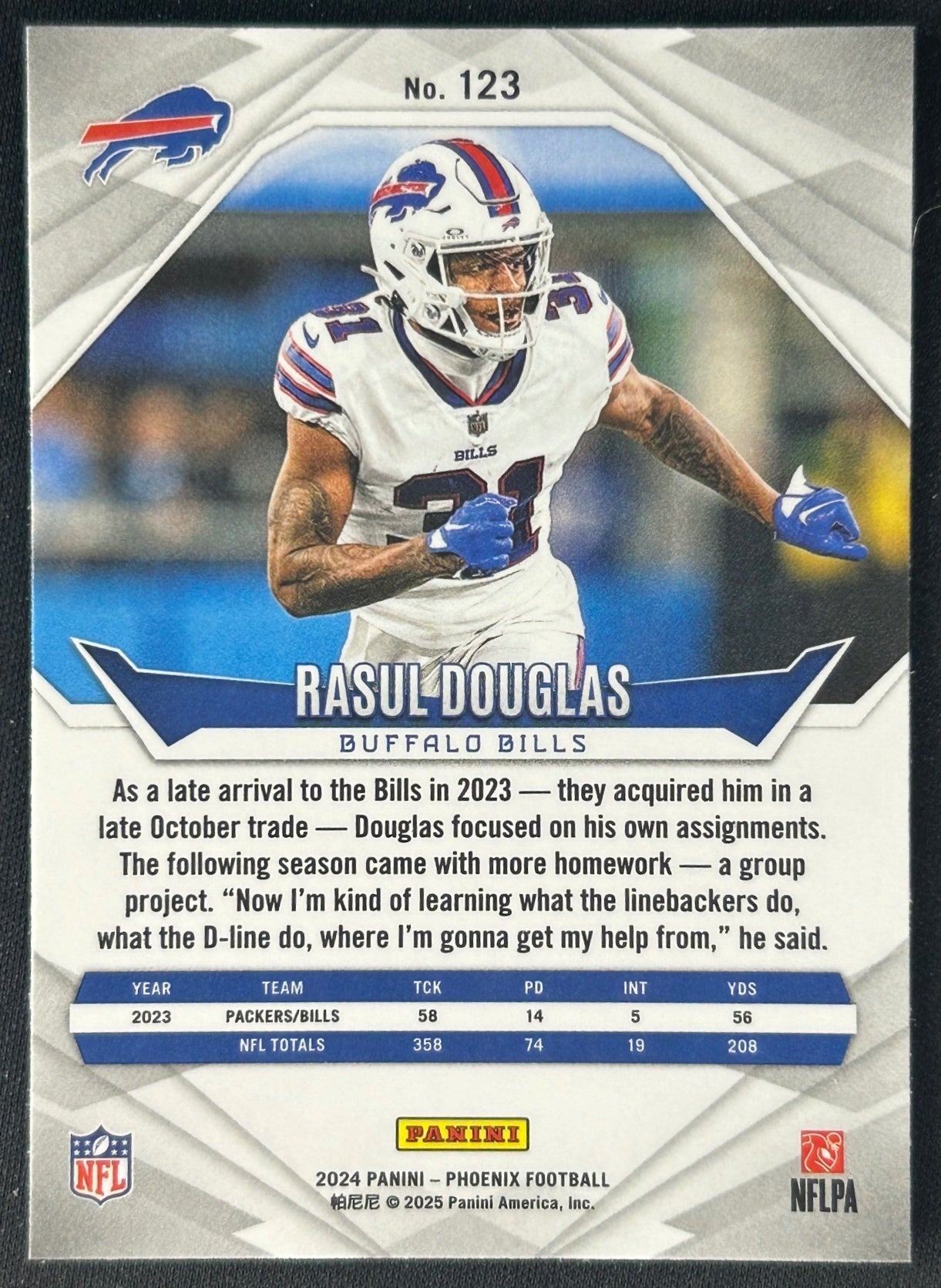 Rasul Douglas 2024 Phoenix Purple Fade Bills sports trading card back