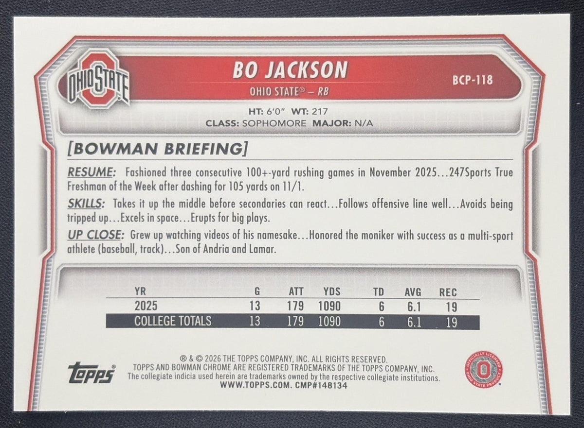 Bo Jackson 2026 Bowman Chrome Prospects Mojo Refractor Buckeyes