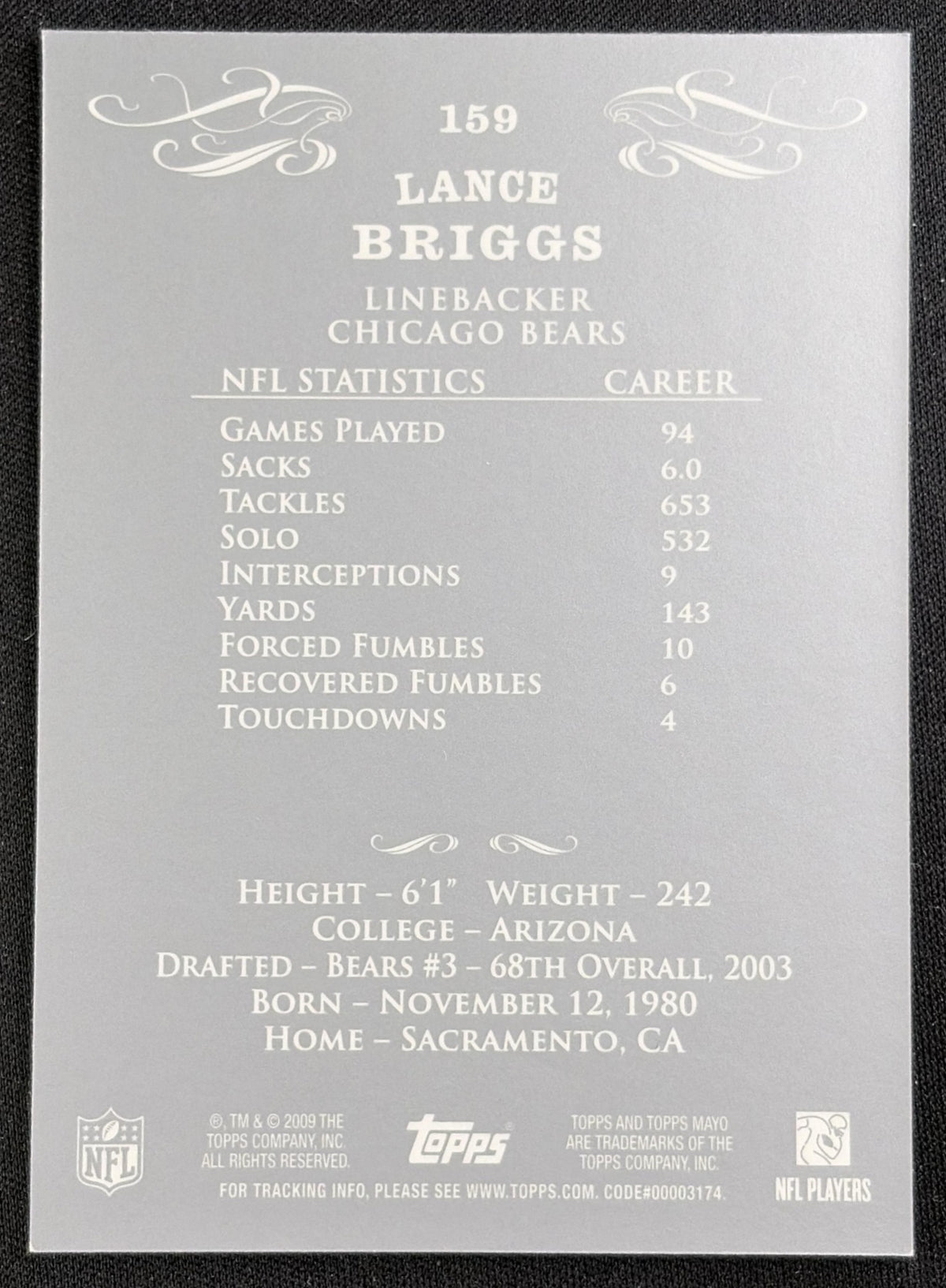 Lance Briggs 2009 Topps Mayo Bears Sports Trading Card