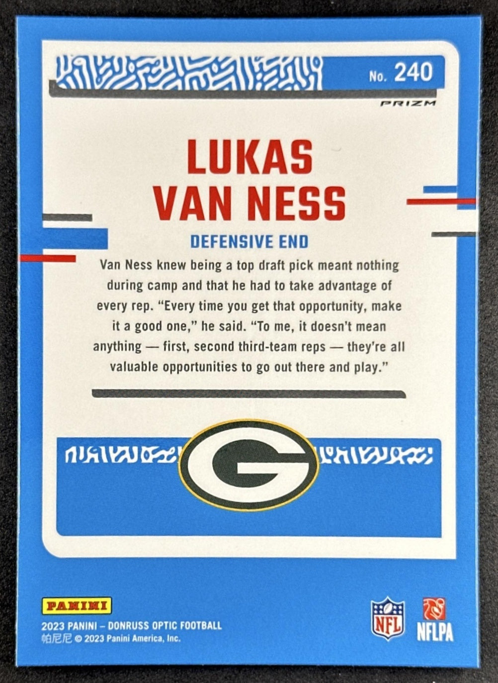 Lukas Van Ness 2023 Panini Donruss Optic Purple Shock Prizm Packers Sports Trading Card
