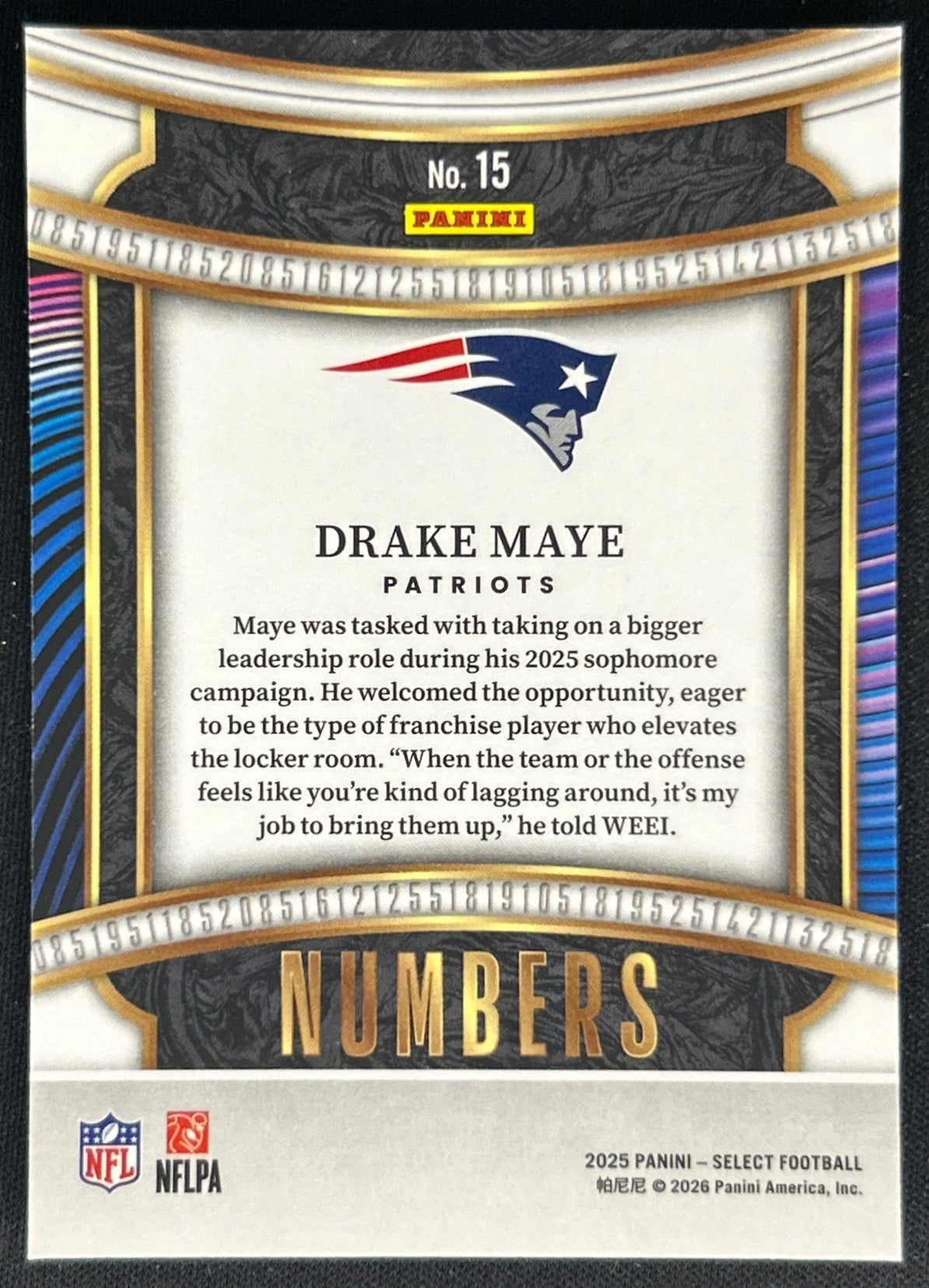 Drake Maye 2025 Panini Select Numbers Patriots Sports Trading Cards