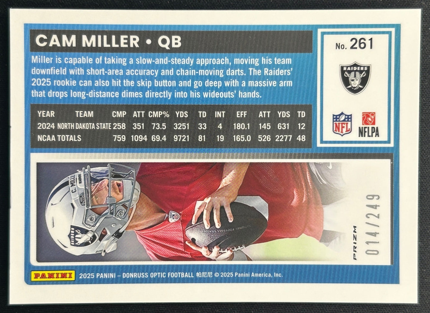 Cam Miller 2025 Donruss Optic Rated Rookie Blue Prizm /249 Raiders Sports Trading Card