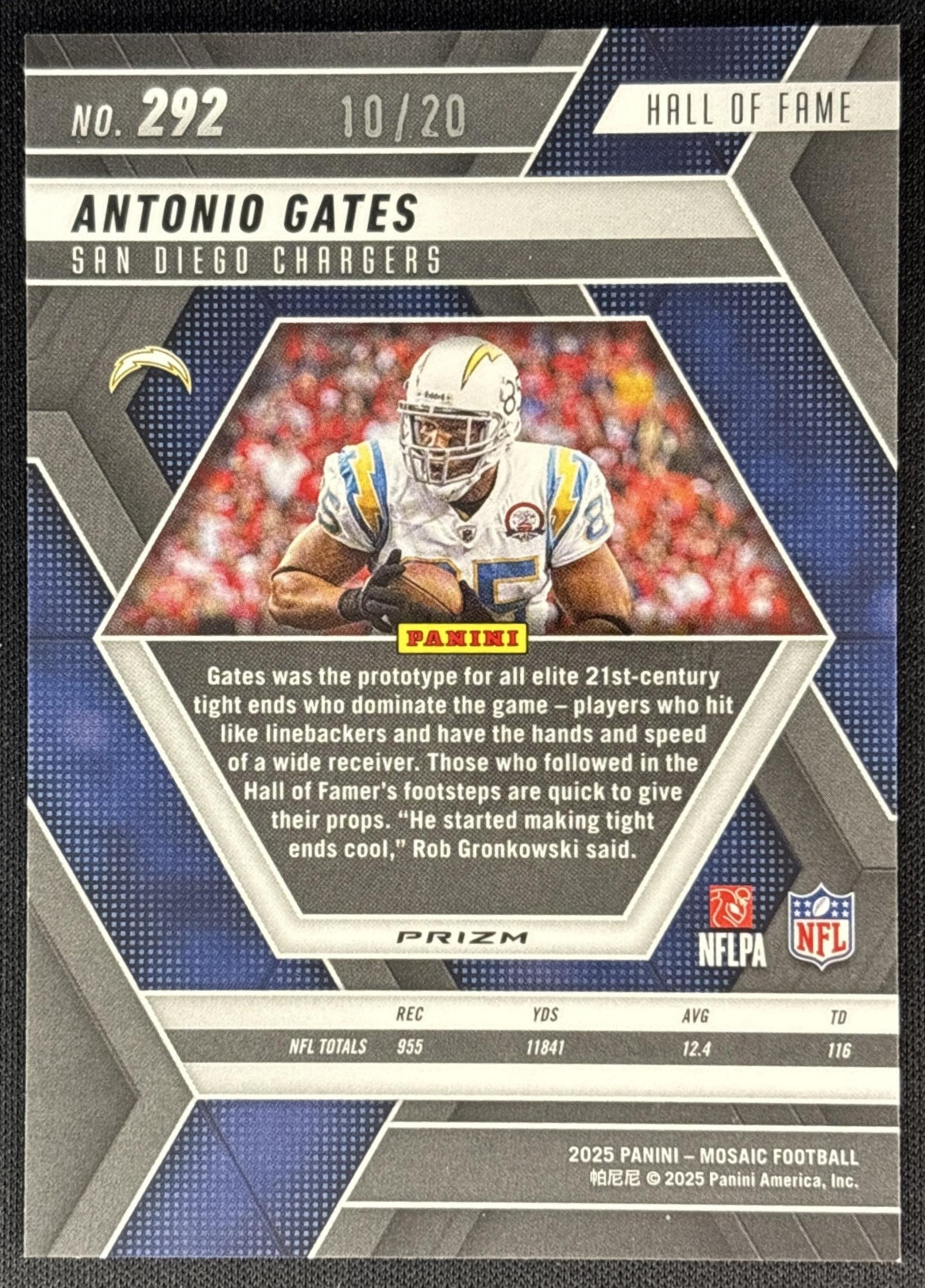 Antonio Gates 2025 Panini Mosaic Hall of Fame No Huddle Pink Prizm /20 Chargers back