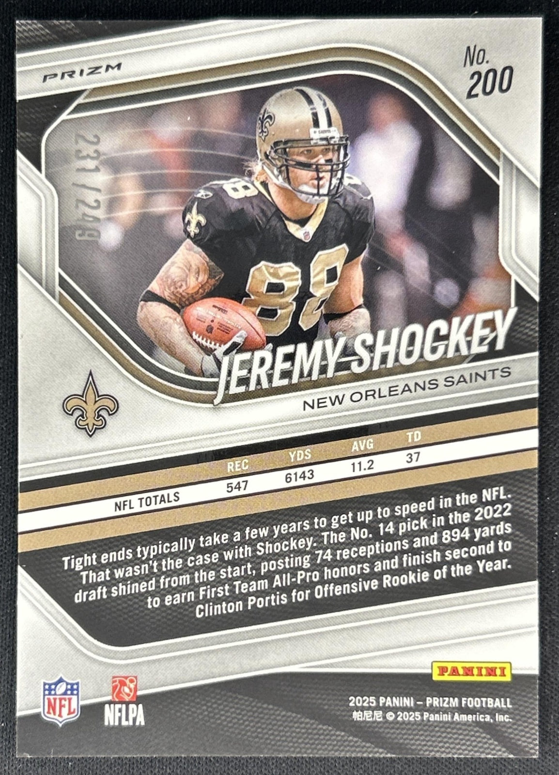 Jeremy Shockey 2025 Panini Prizm Orange /249 Saints back