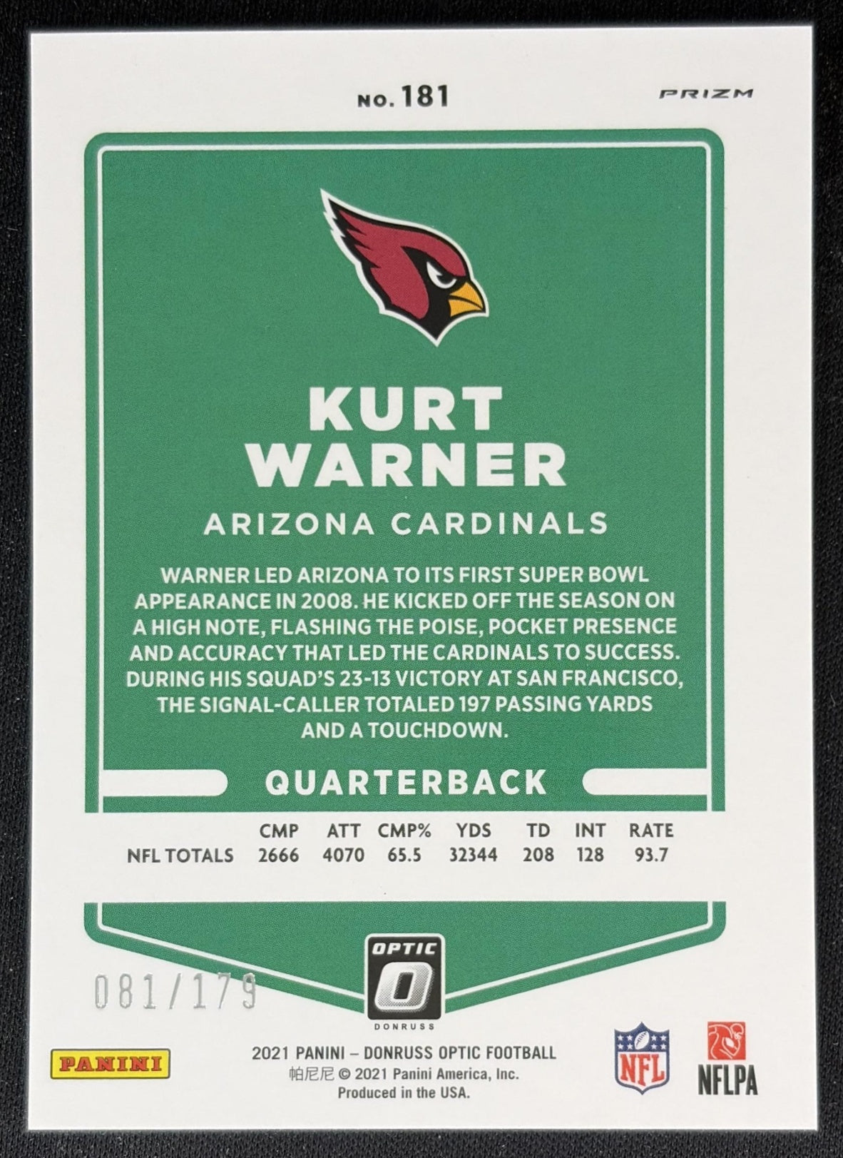Kurt Warner 2021 Panini Donruss Optic Blue /179 Cardinals back