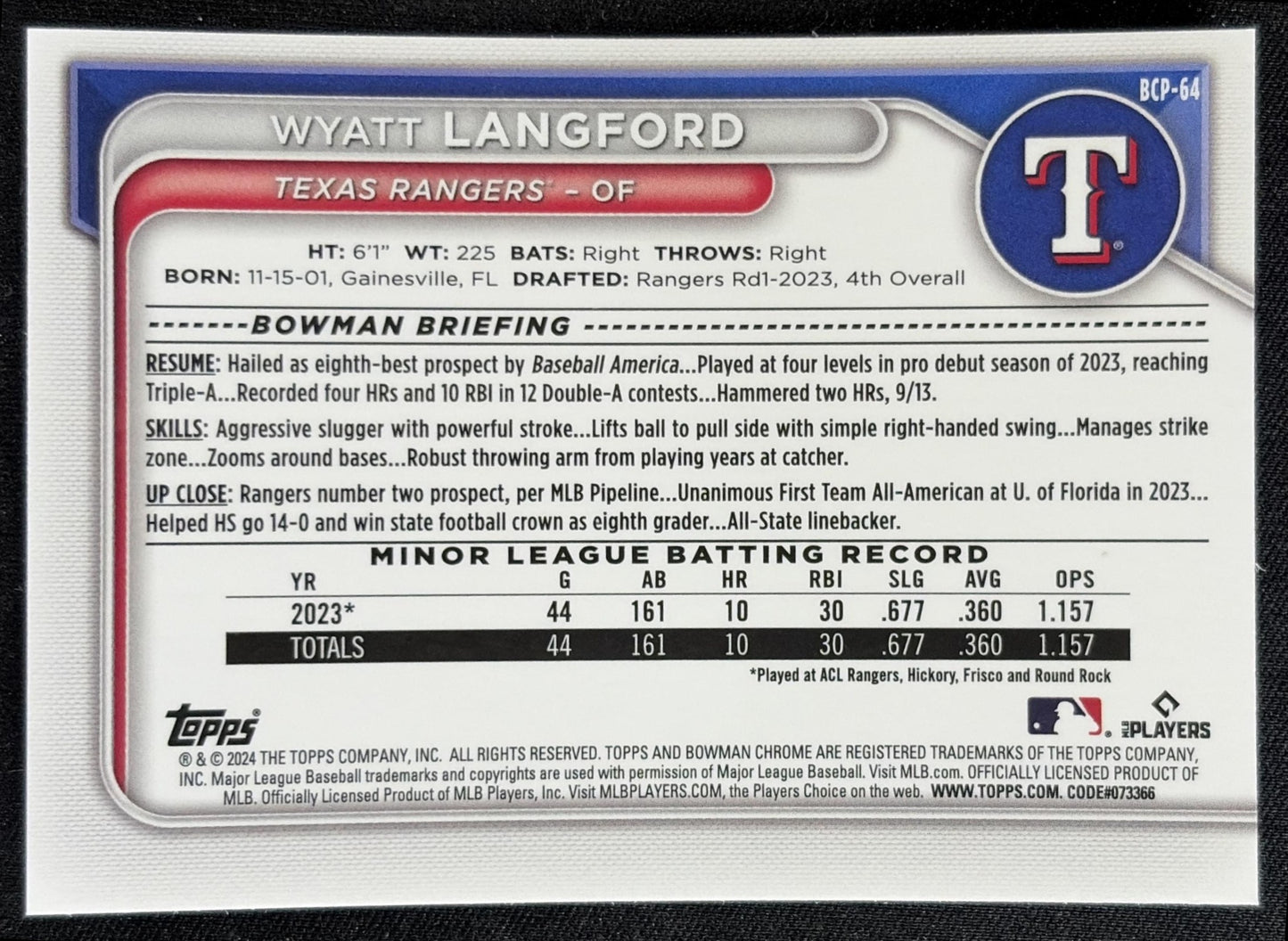 Wyatt Langford 2024 Bowman Mega Box Chrome Prospects Mojo Refractor Rangers back