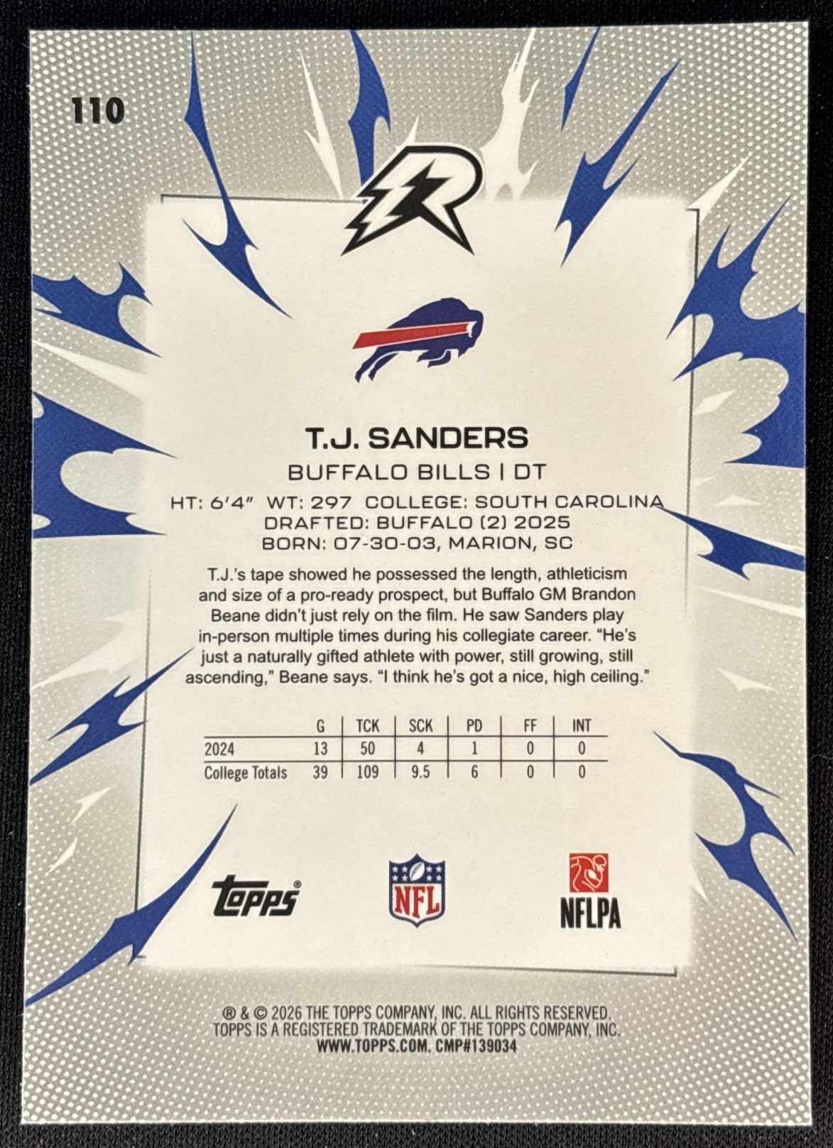 T.J. Sanders 2025 Topps Resurgence Bills Sports Trading Cards