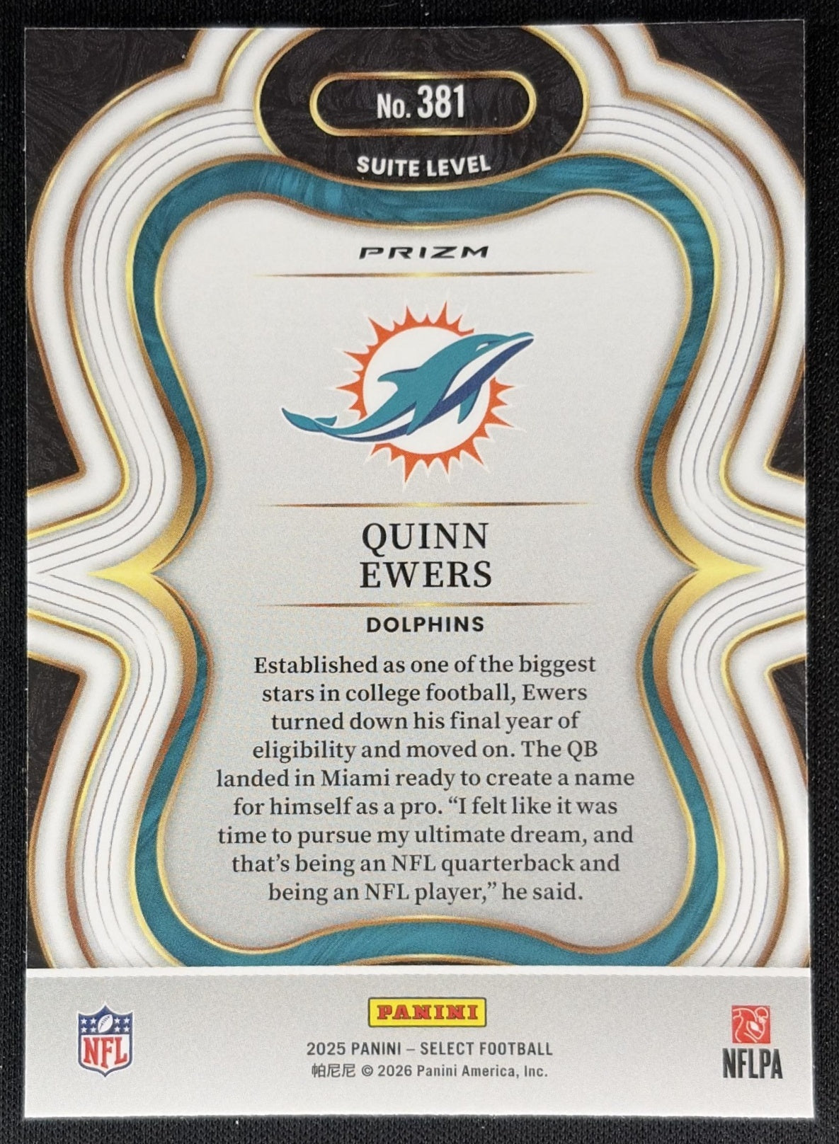 Quinn Ewers 2025 Panini Select Suite Level Silver Prizm Dolphins Sports Trading Cards