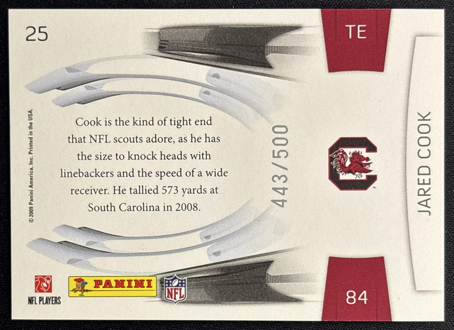 Jared Cook 2009 Panini Playoff Prestige Prestigious Picks Green /500 Gamecocks back