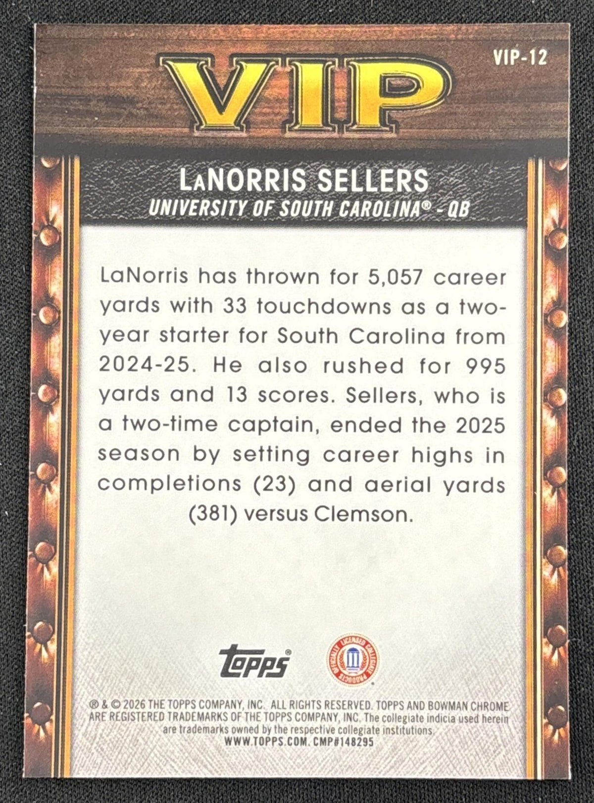 LaNorris Sellers 2026 Bowman Very Important Prospects Gamecocks back