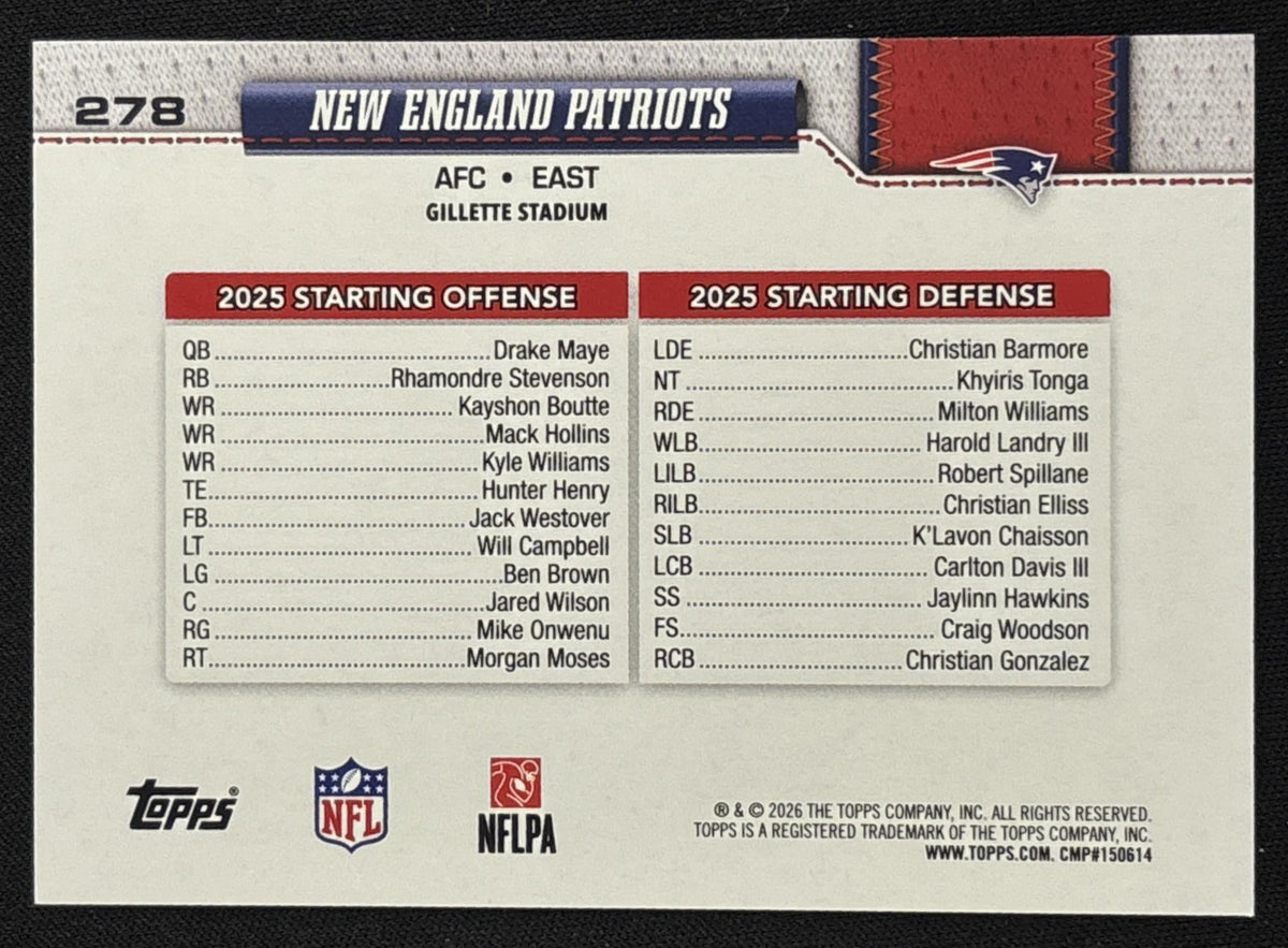 New England Patriots 2026 Topps WM White & Blue Patriots Sports Trading Card