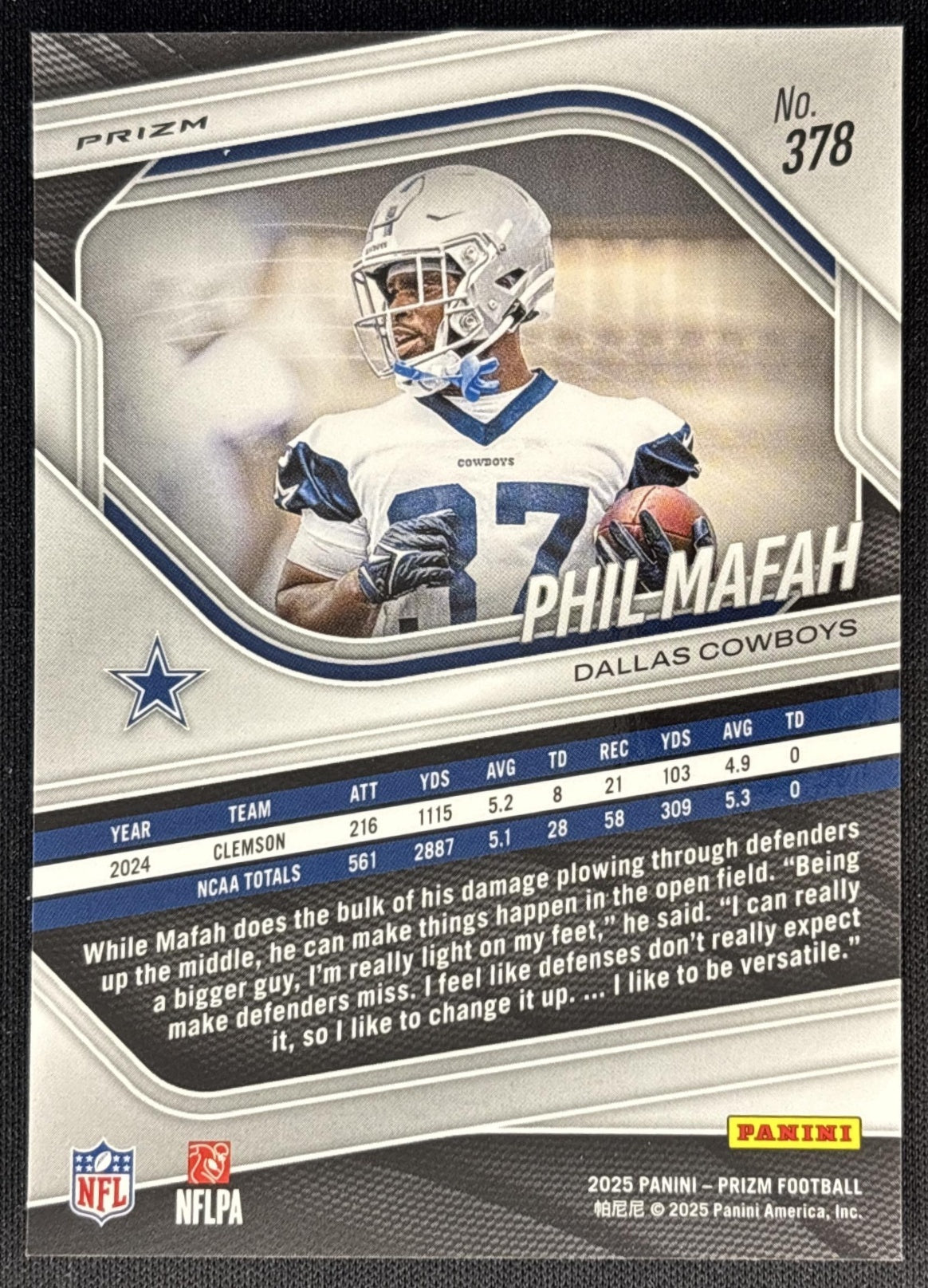 Phil Mafah 2025 Panini Prizm Red White & Blue Cowboys back