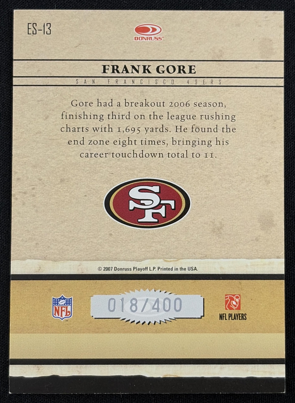 Frank Gore 2007 Donruss Elite Series Black /400 49ers - Back
