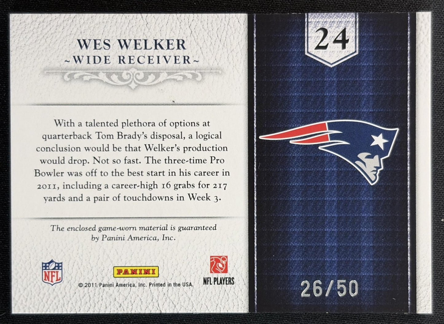 Wes Welker 2011 Panini Plates & Patches Team Supreme Materials /50 Patriots back