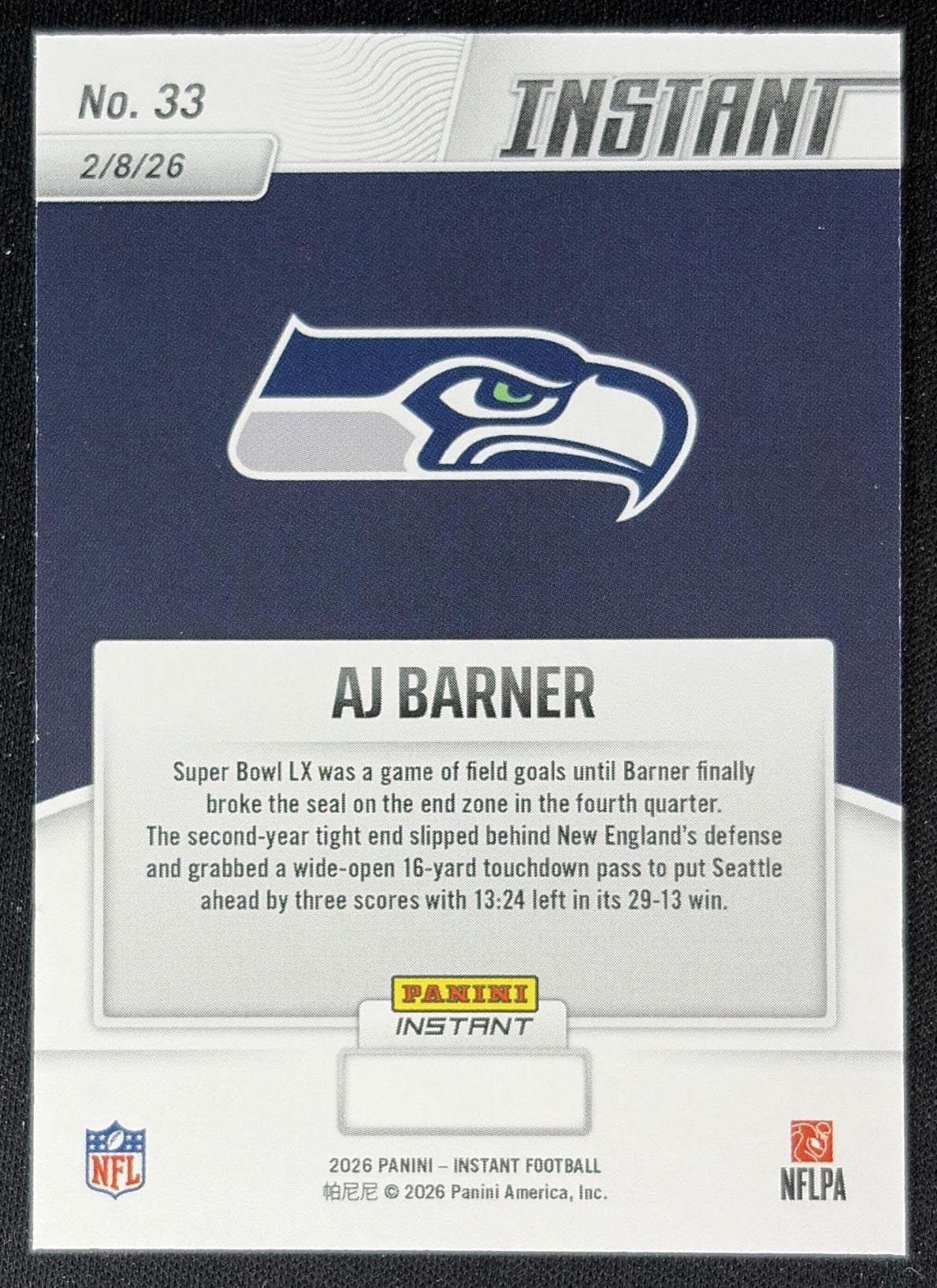 AJ Barner 2026 Panini Instant Super Bowl LIX Champions Seattle Seahawks back