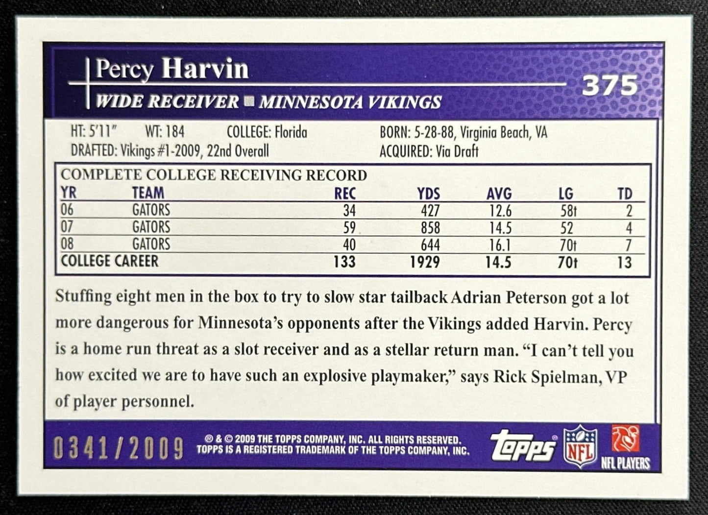 Percy Harvin 2009 Topps Gold /2009 Vikings