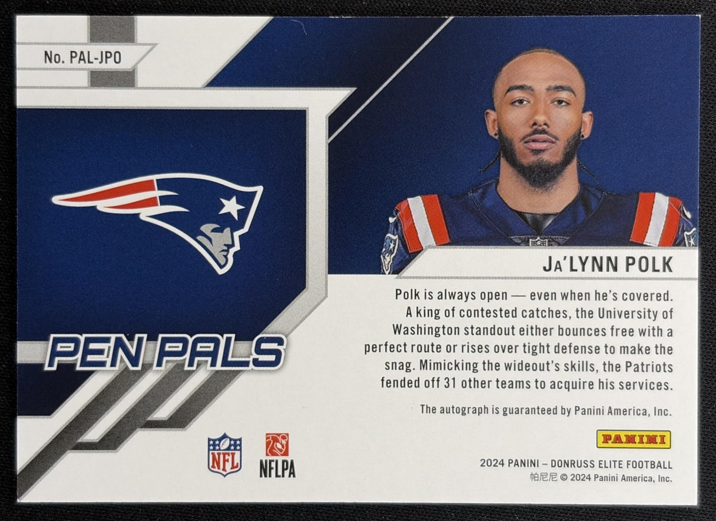 Ja'Lynn Polk 2024 Panini Donruss Elite Pen Pals Patriots back