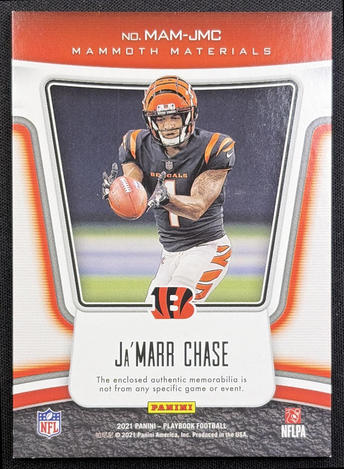 Ja'Marr Chase 2021 Panini Playbook Mammoth Material Platinum /75 Bengals - back