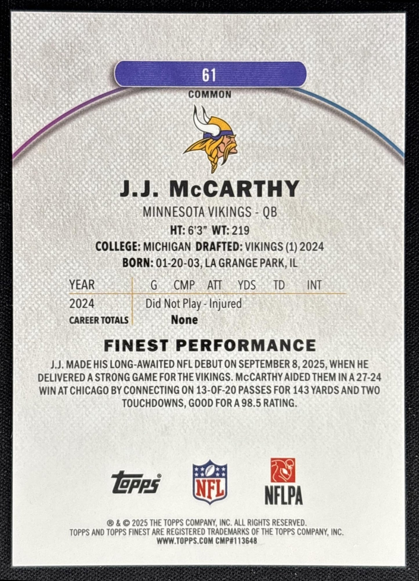 J.J. McCarthy 2025 Topps Finest Sky Blue Refractor /325 Vikings