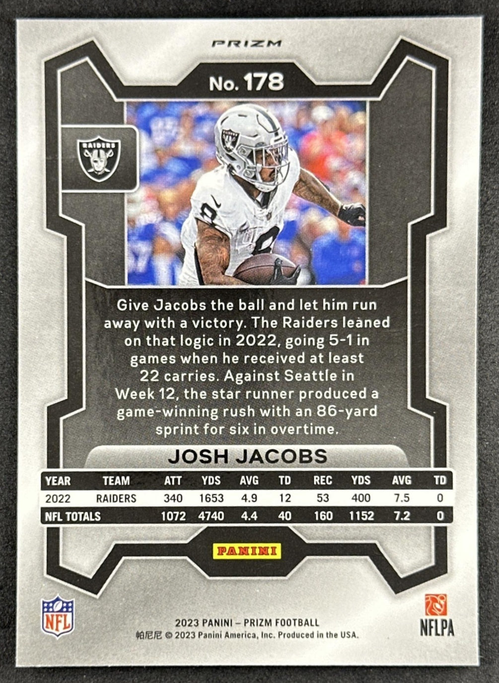 Josh Jacobs 2023 Panini Prizm Silver Raiders Sports Trading Card