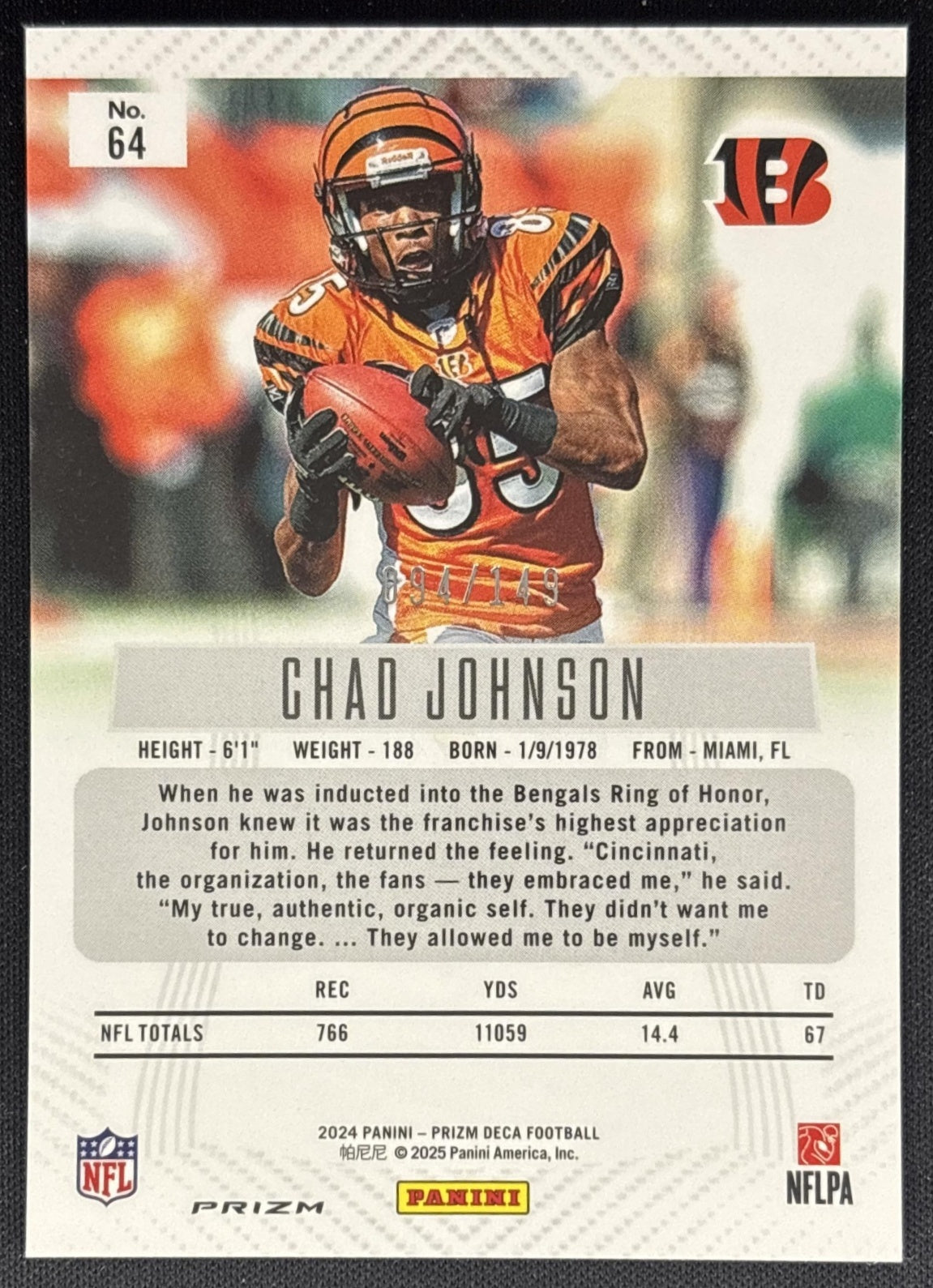 Chad Johnson 2024 Panini Prizm Deca Blue /149 Bengals Sports Trading Cards