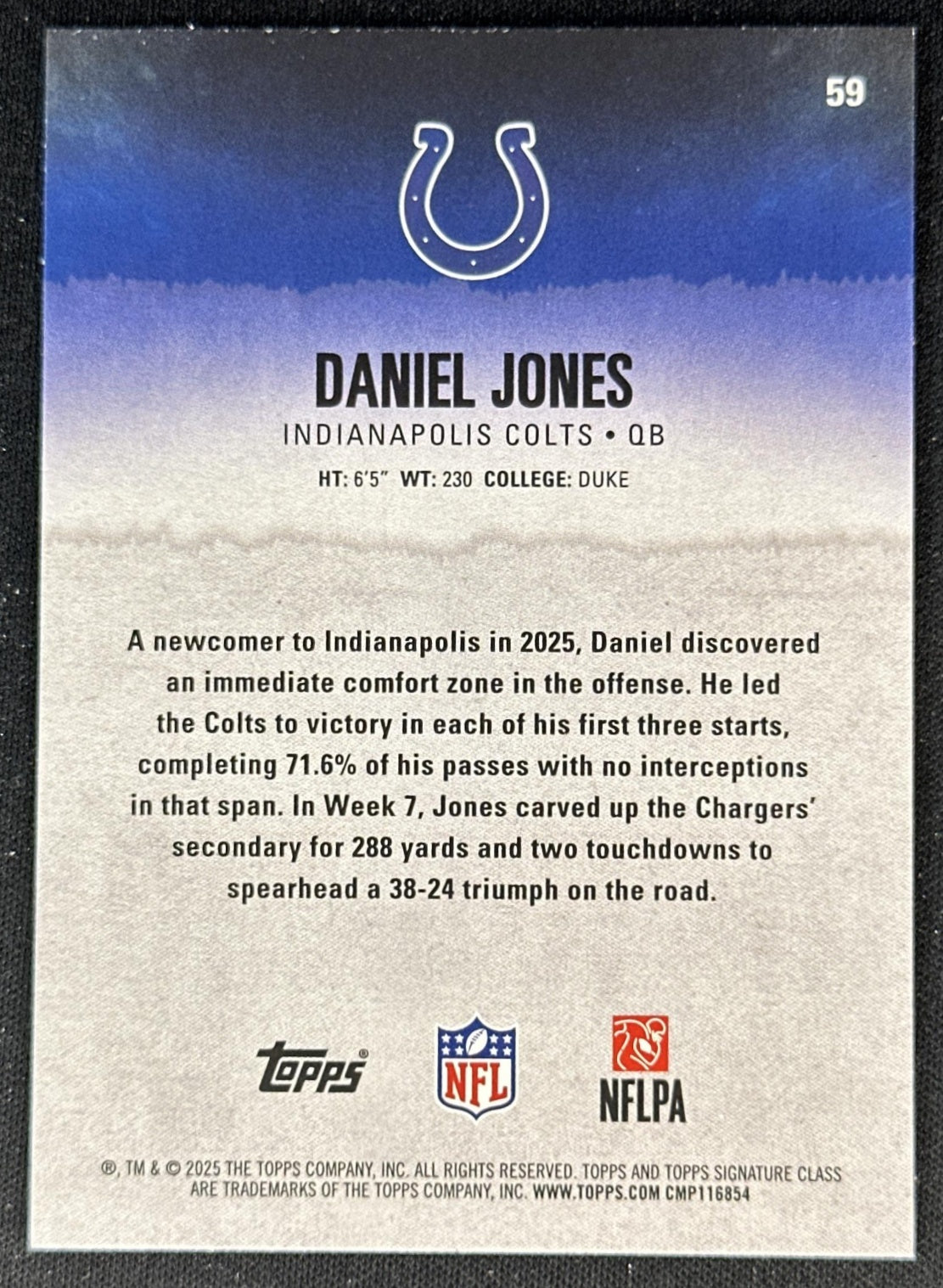 Daniel Jones 2025 Topps Signature Class Veteran Green & Purple Foil Colts back