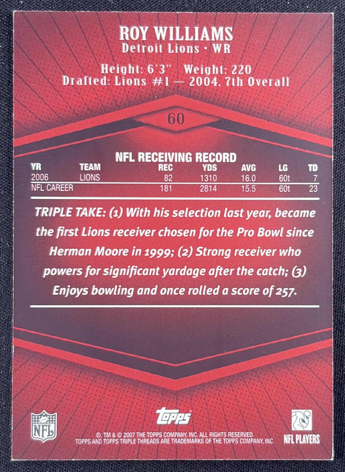 Roy Williams 2007 Topps Triple Threads /1449 Lions