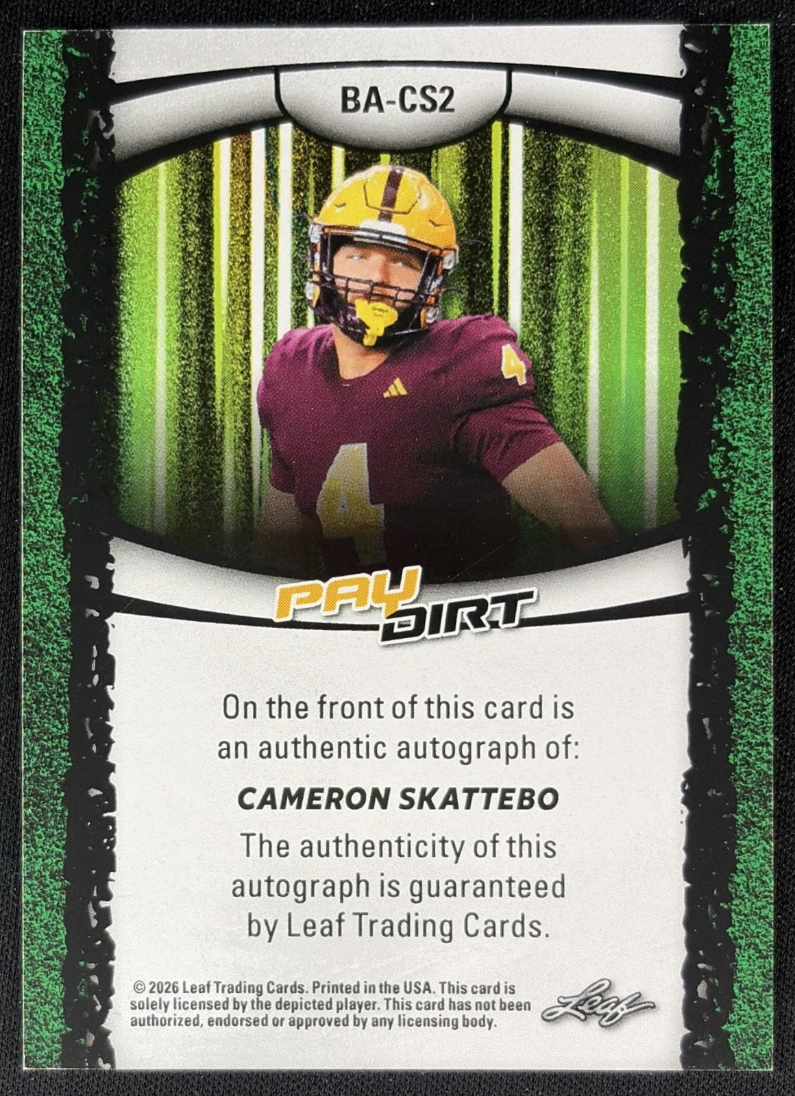 Cameron Skattebo 2026 Leaf Paydirt Auto Orange /65 back