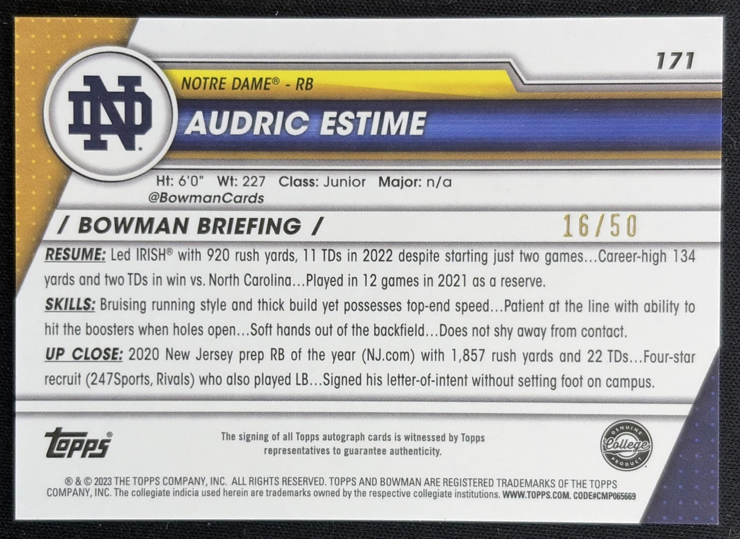 Audric Estime 2023 University Chrome Prospect Auto Gold Refractor /50 Fighting Irish Back