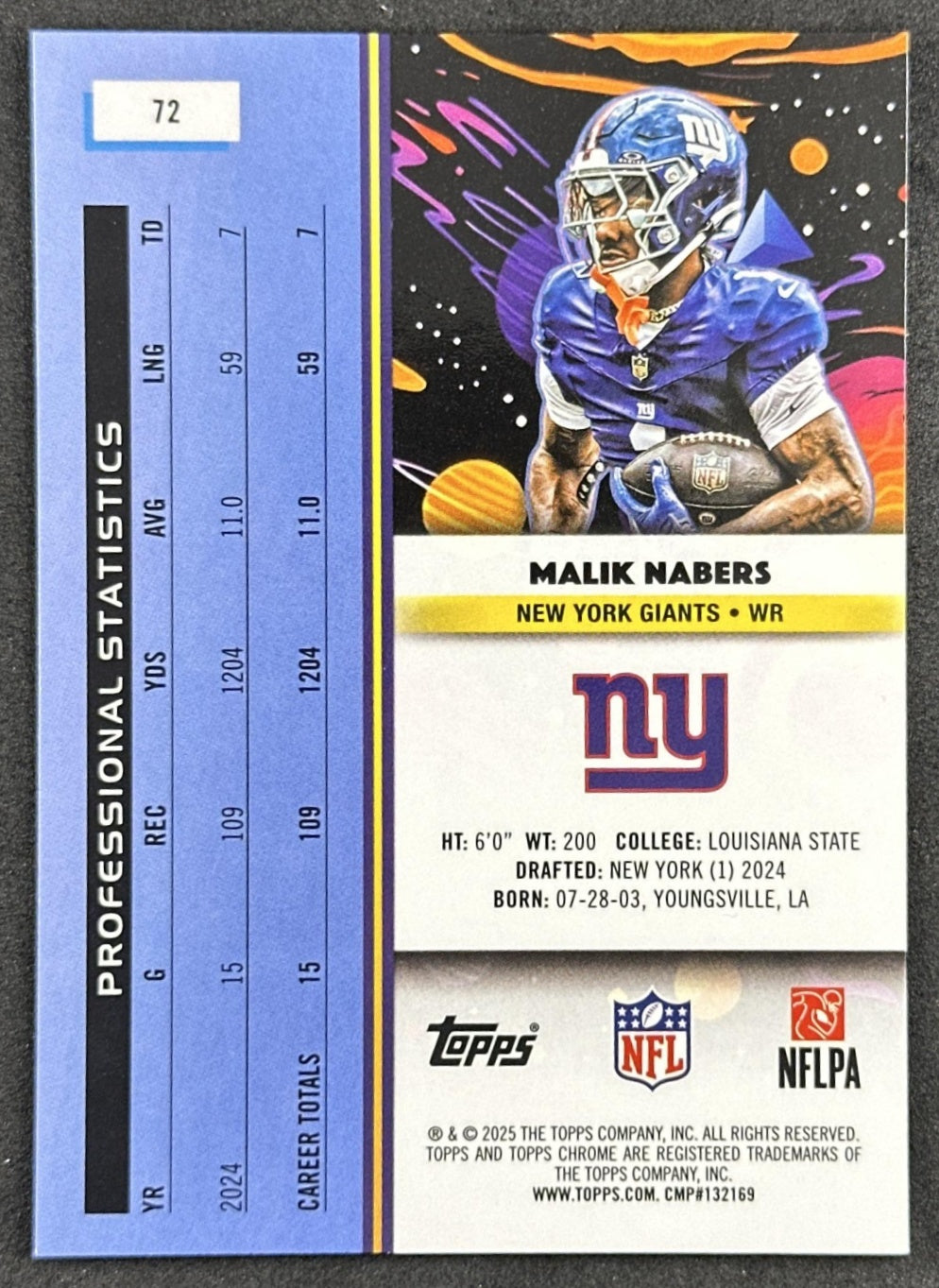 Malik Nabers 2025 Topps Cosmic Chrome Giants back