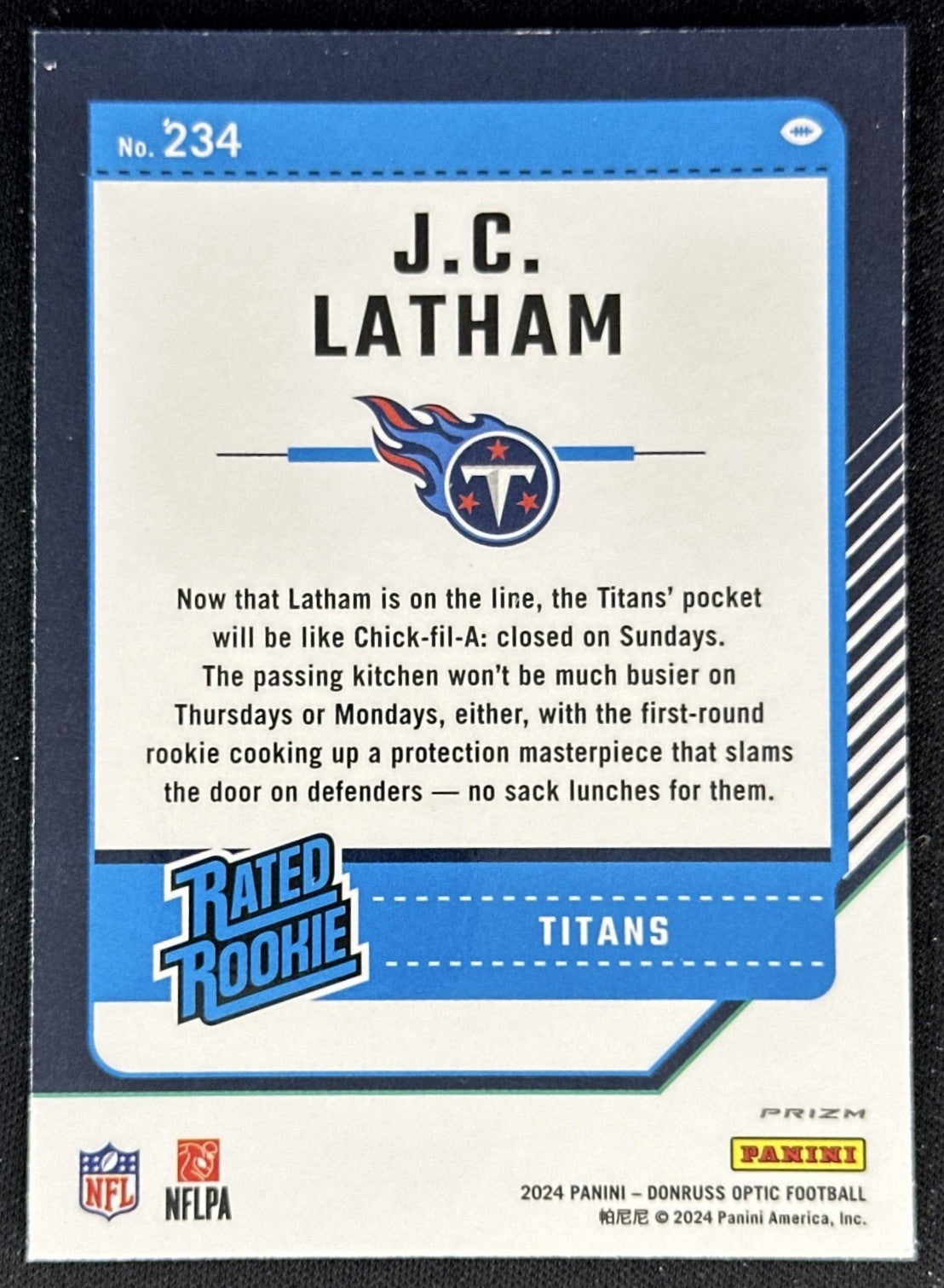 J.C. Latham 2024 Panini Donruss Optic Stars Titans back